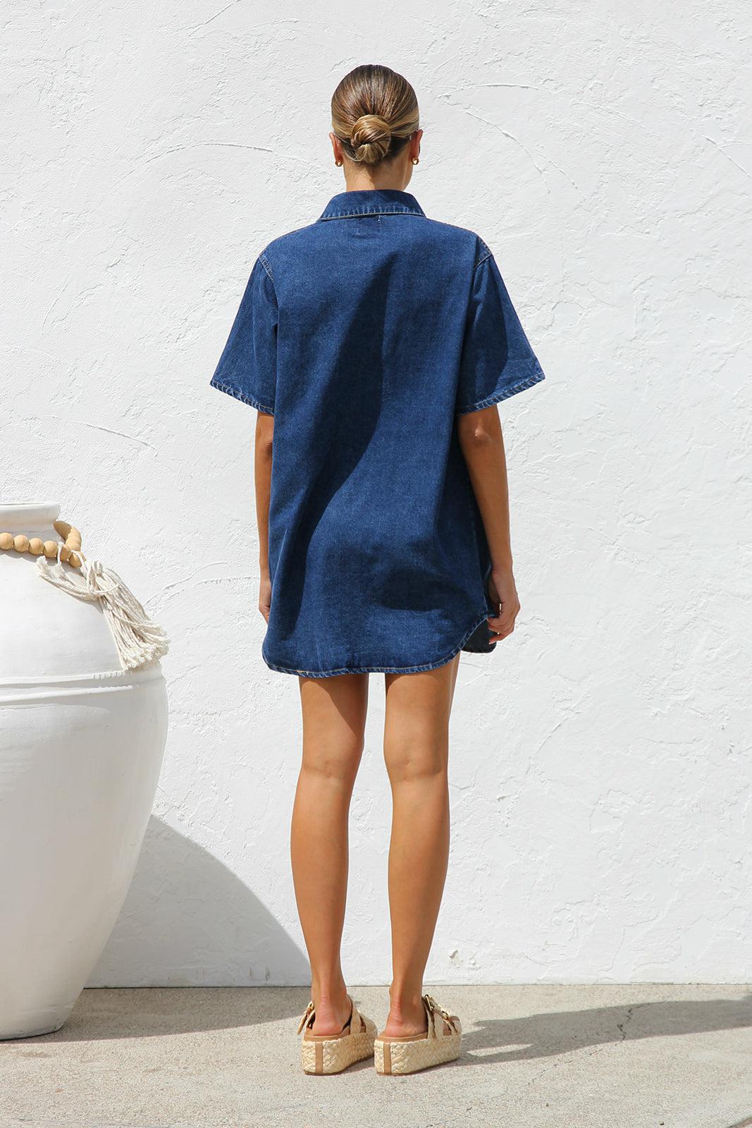 Denim Dress Notch-Collar Pocketed Women's
