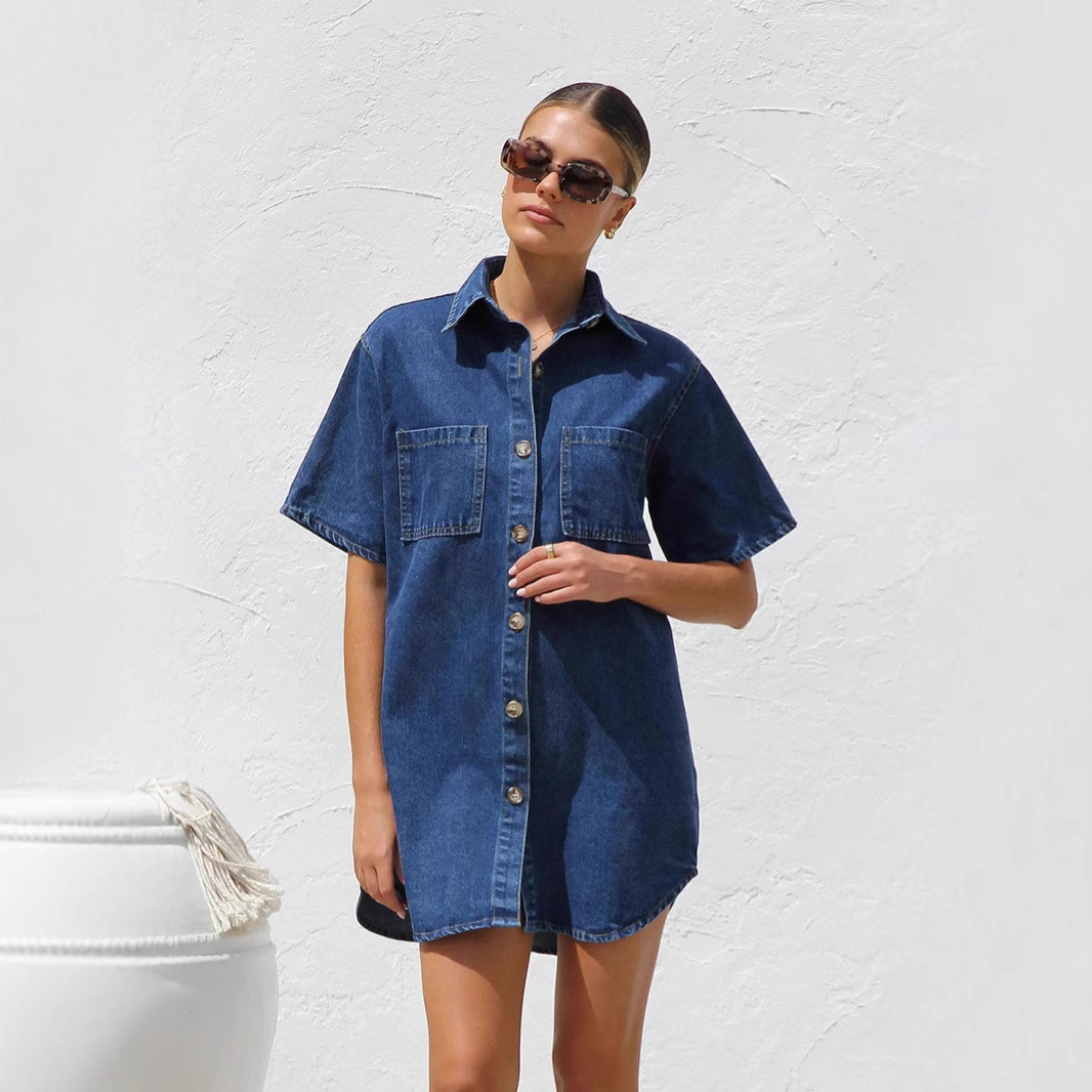 Denim Dress Notch-Collar Pocketed Women's