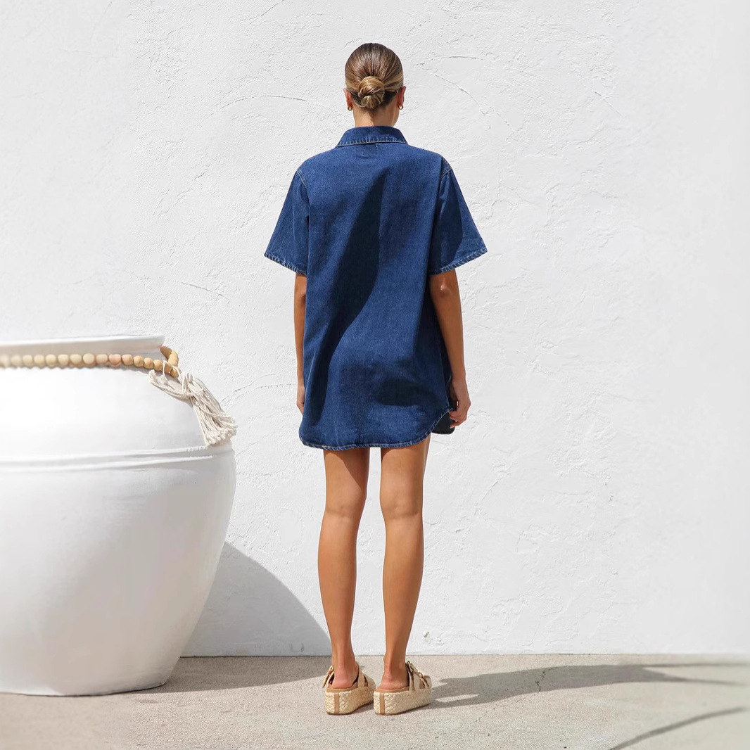 Denim Dress Notch-Collar Pocketed Women's
