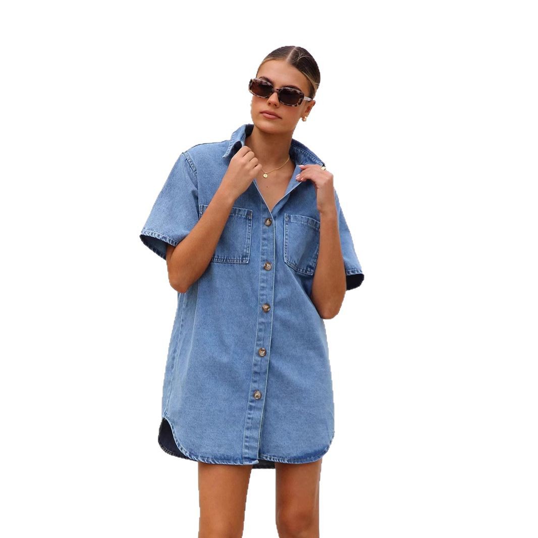 Denim Dress Notch-Collar Pocketed Women's