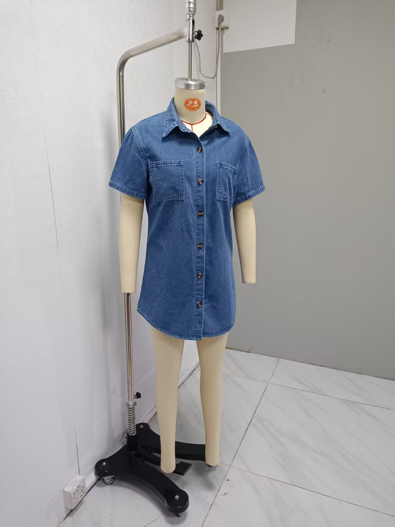 Denim Dress Notch-Collar Pocketed Women's