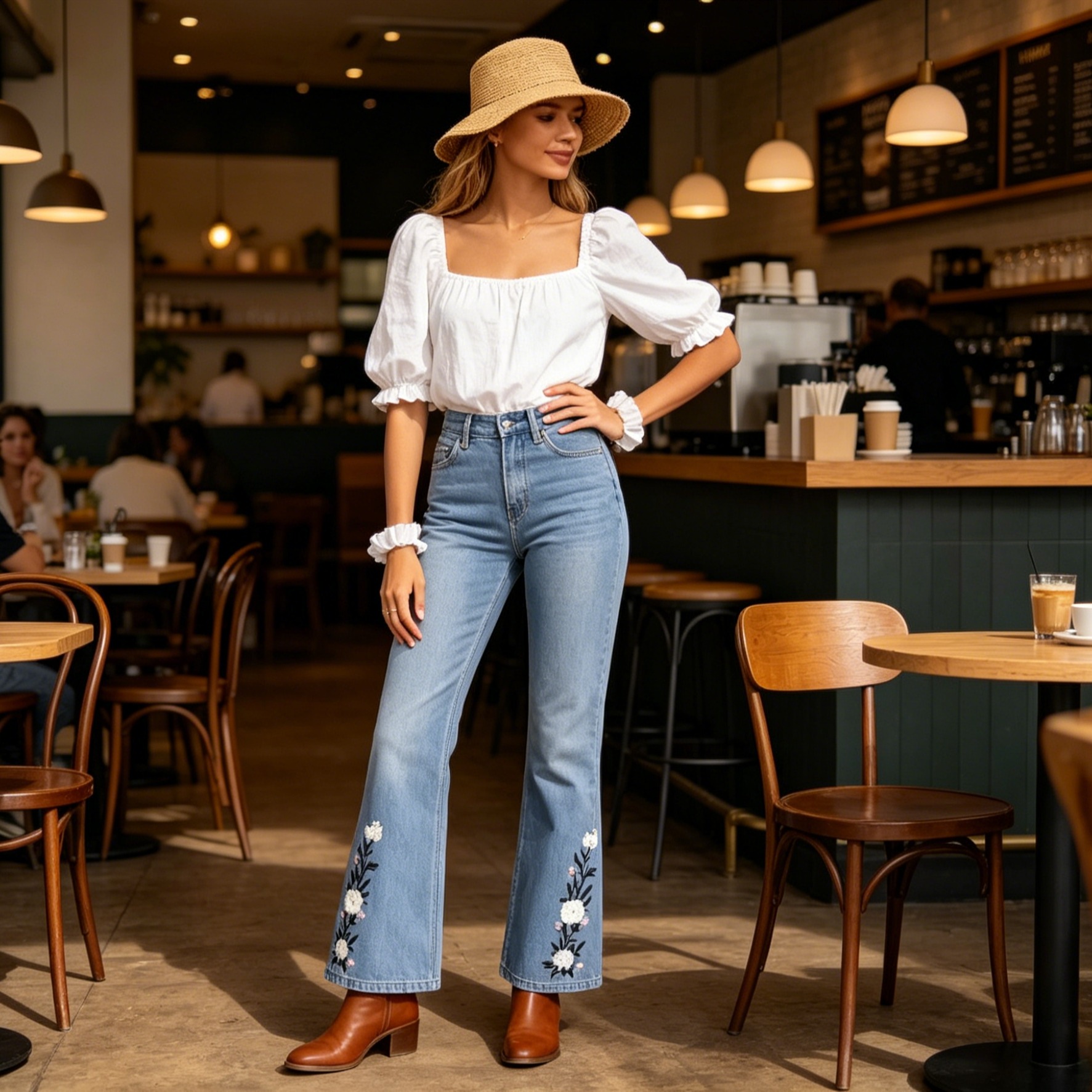 Floral Embroidered Jeans, High Waisted Bootcut