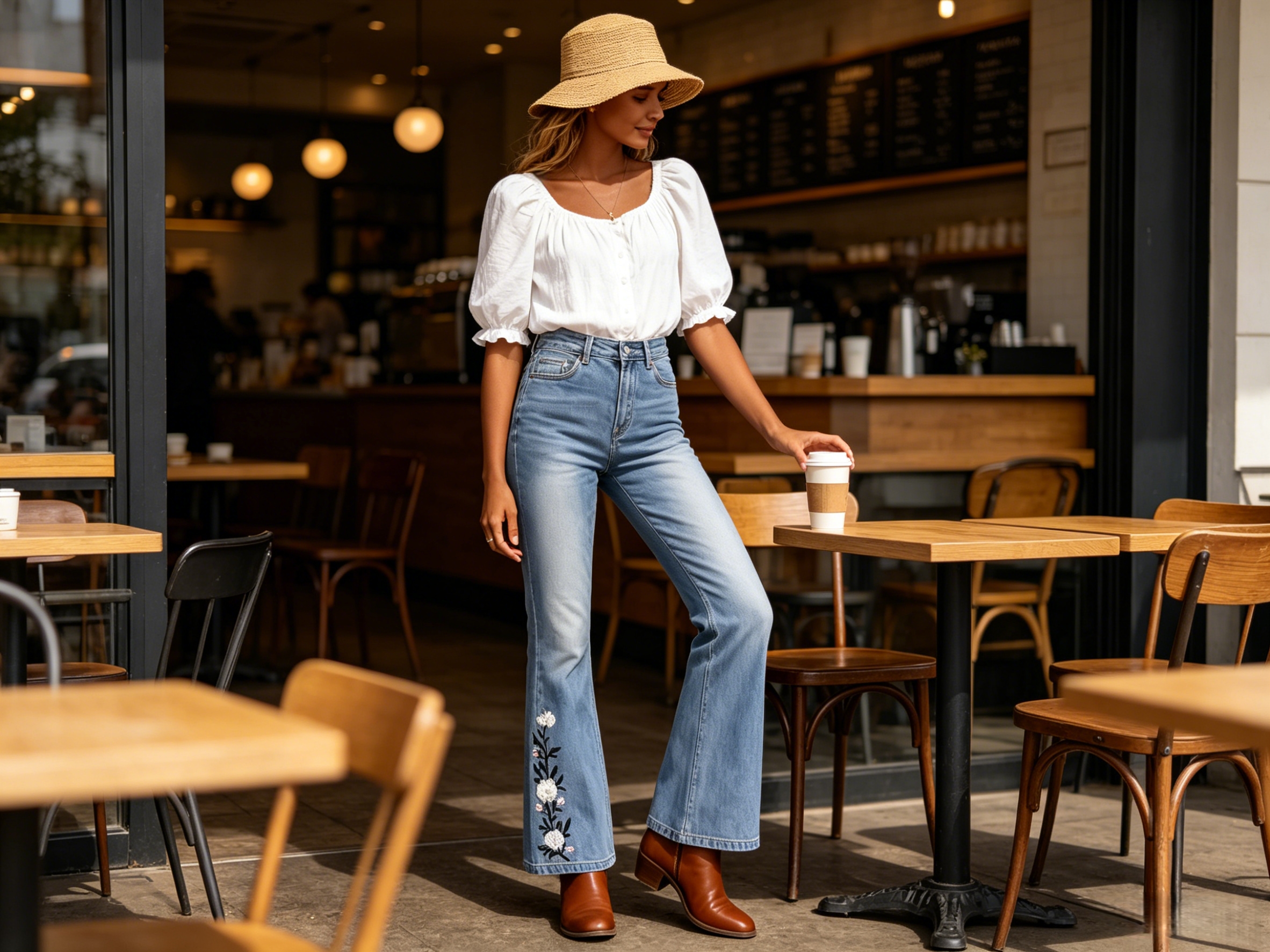 Floral Embroidered Jeans, High Waisted Bootcut