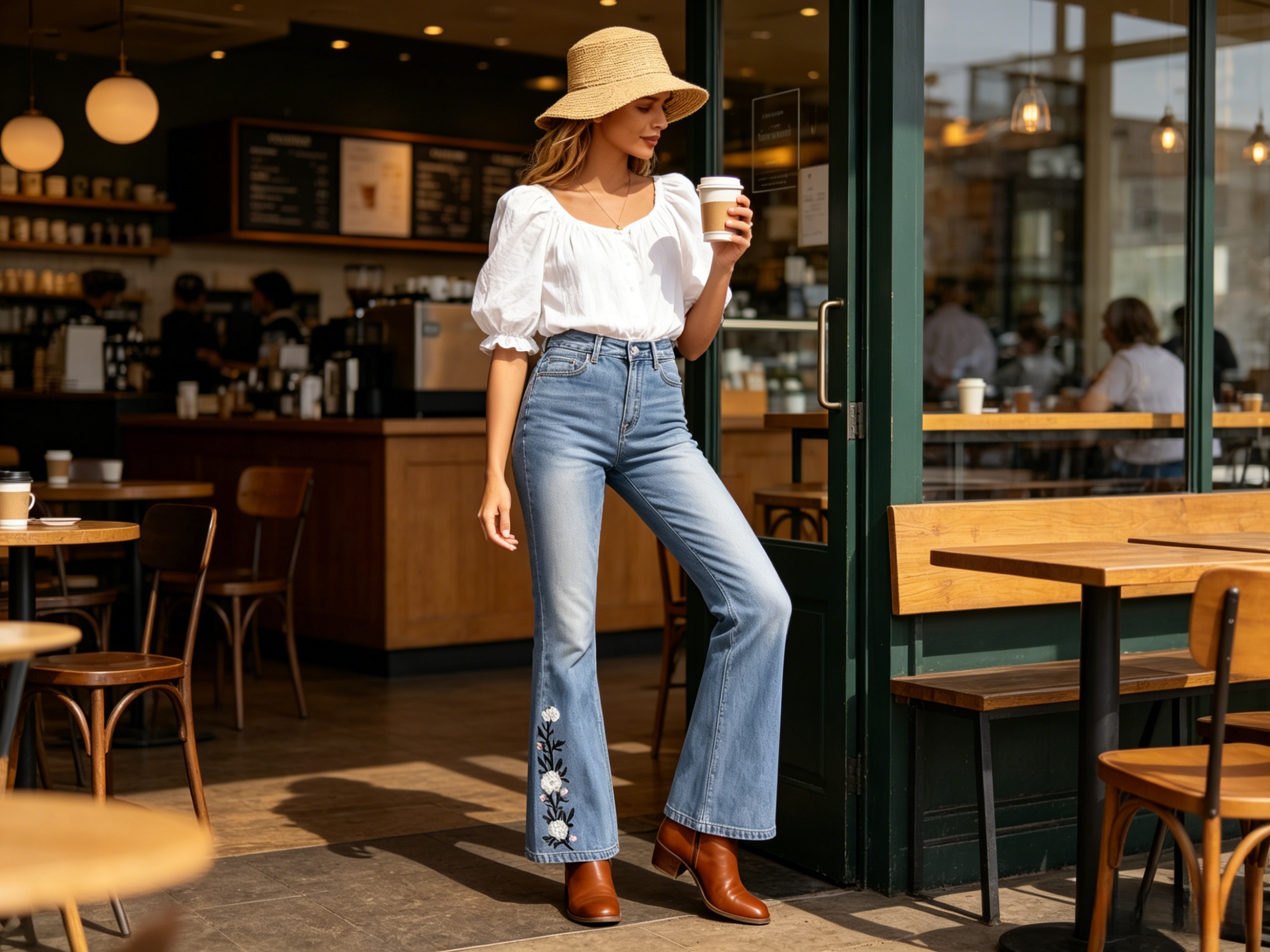 Floral Embroidered Jeans, High Waisted Bootcut