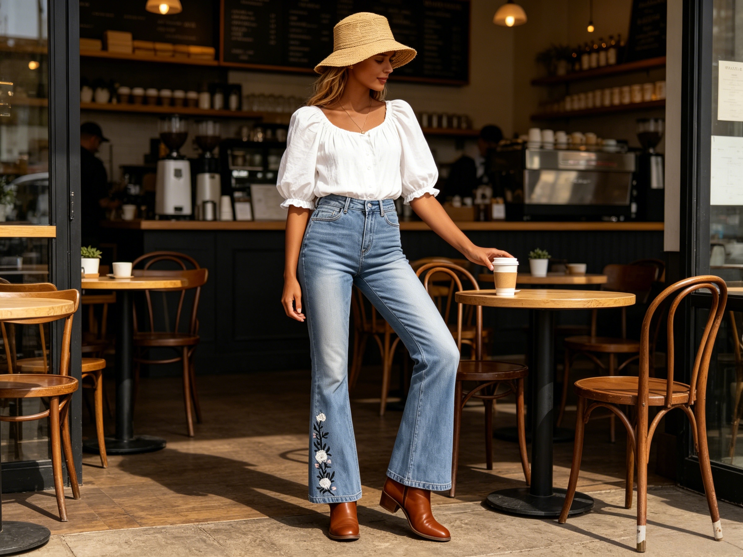 Floral Embroidered Jeans, High Waisted Bootcut
