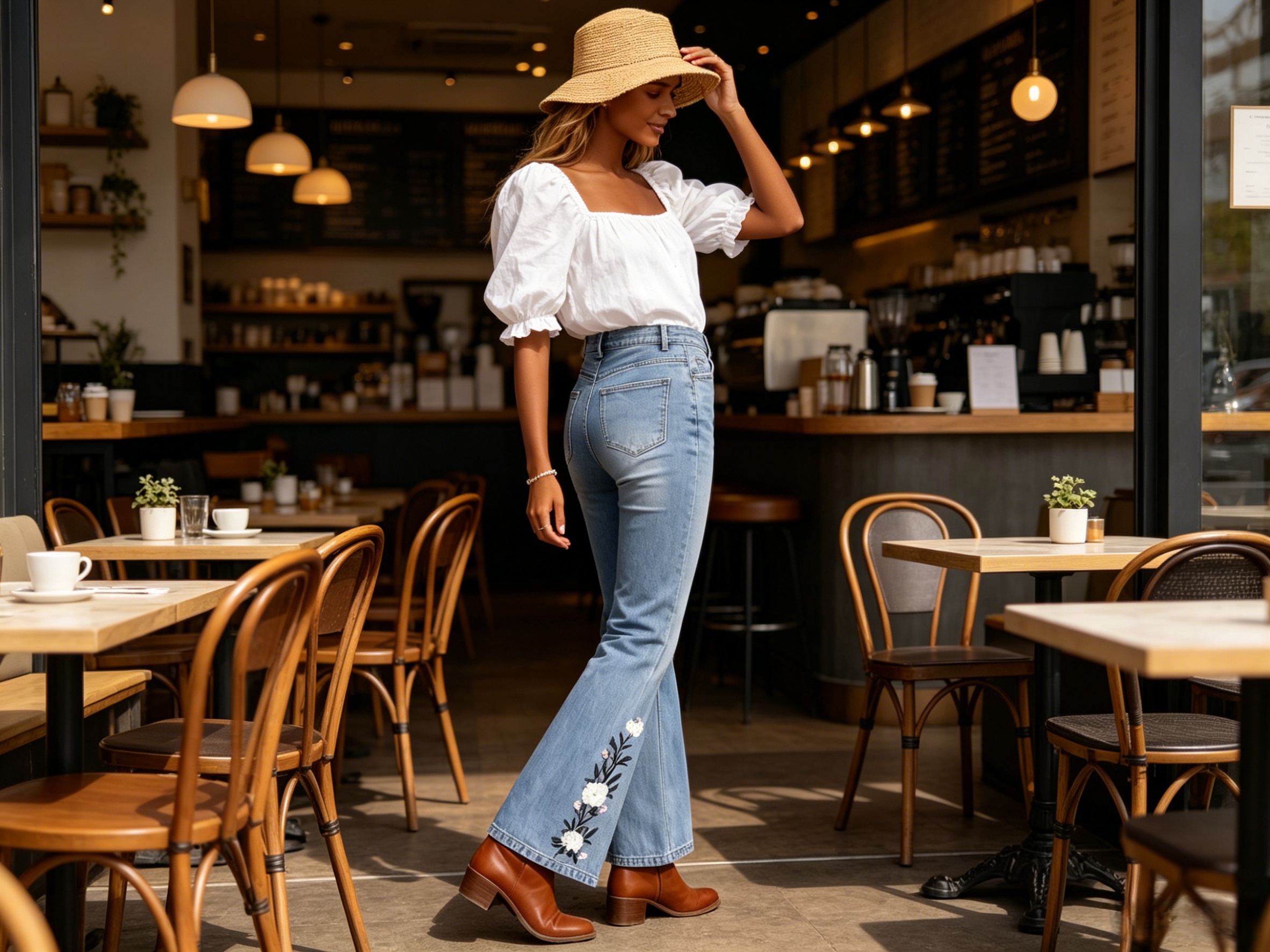 Floral Embroidered Jeans, High Waisted Bootcut