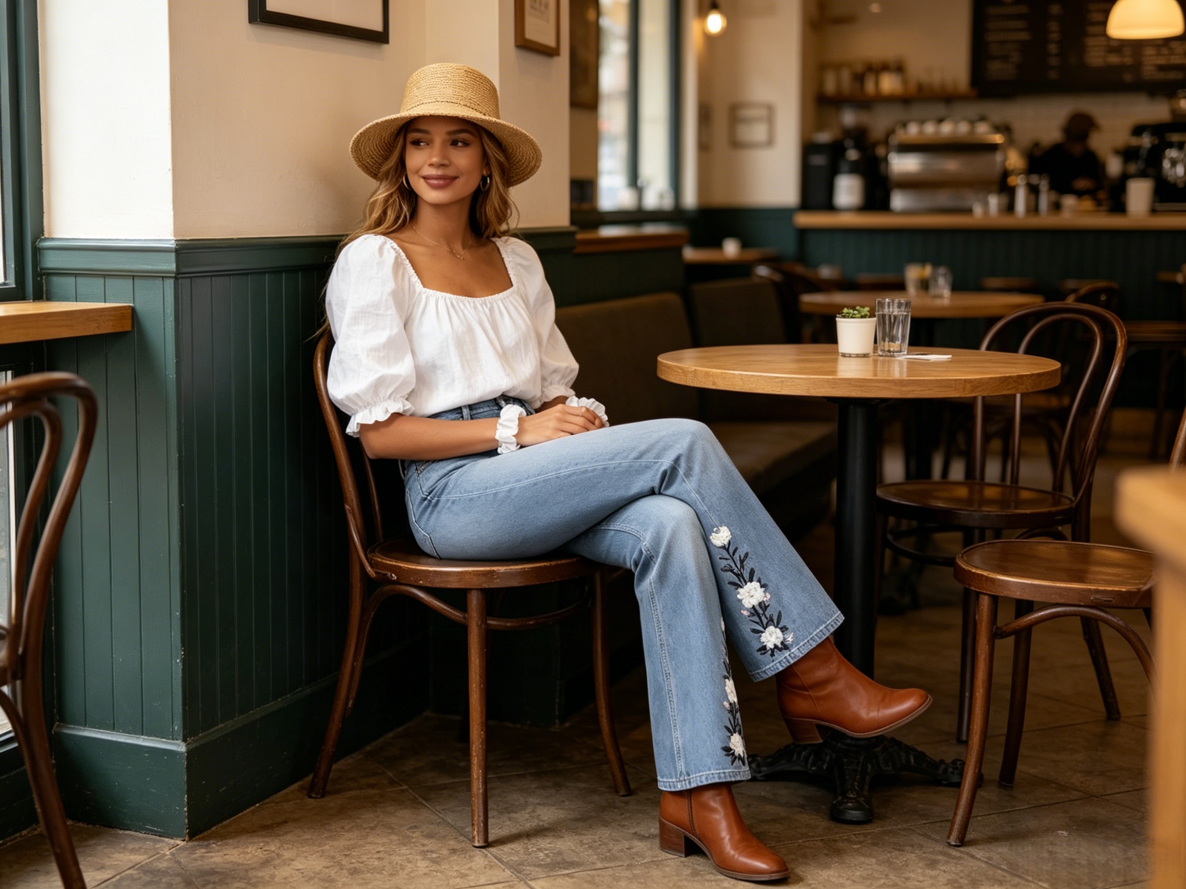 Floral Embroidered Jeans, High Waisted Bootcut