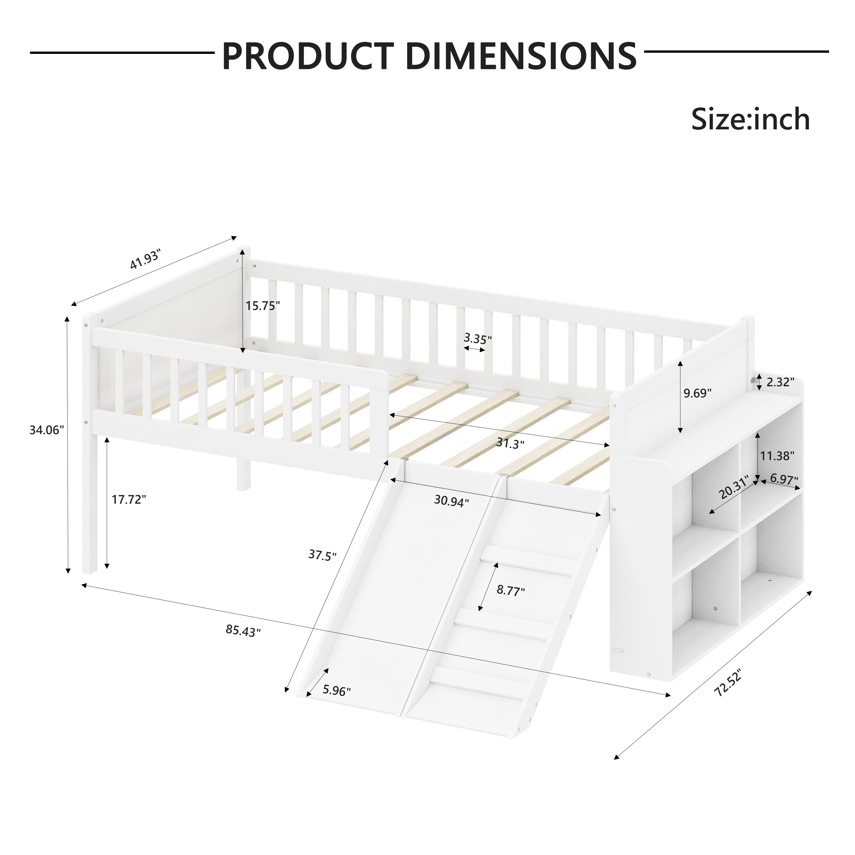 Twin Bed Frame Storage Shelf White