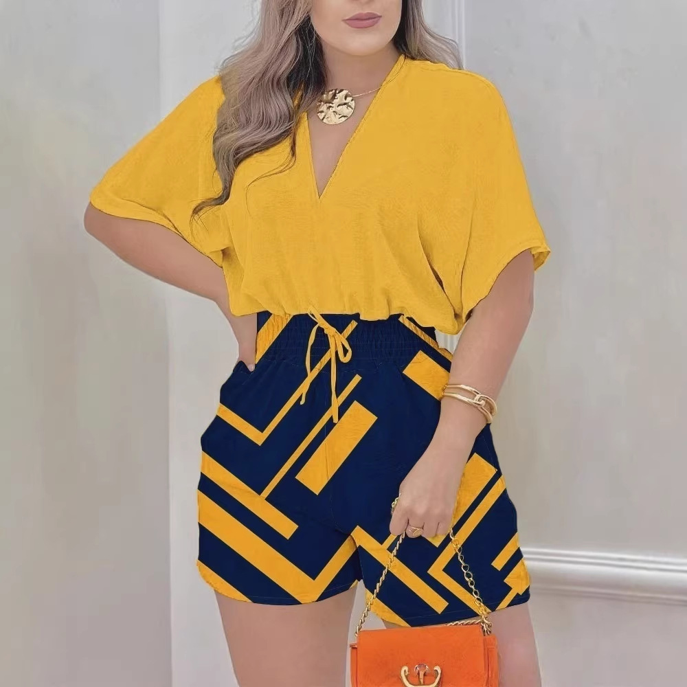 Jumpsuit V-neck Fitted Waist Short Shorts