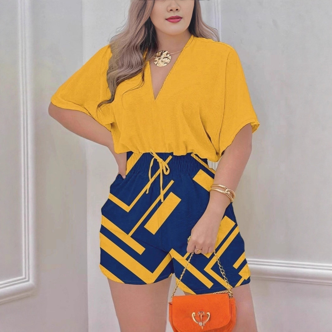 Jumpsuit V-neck Fitted Waist Short Shorts