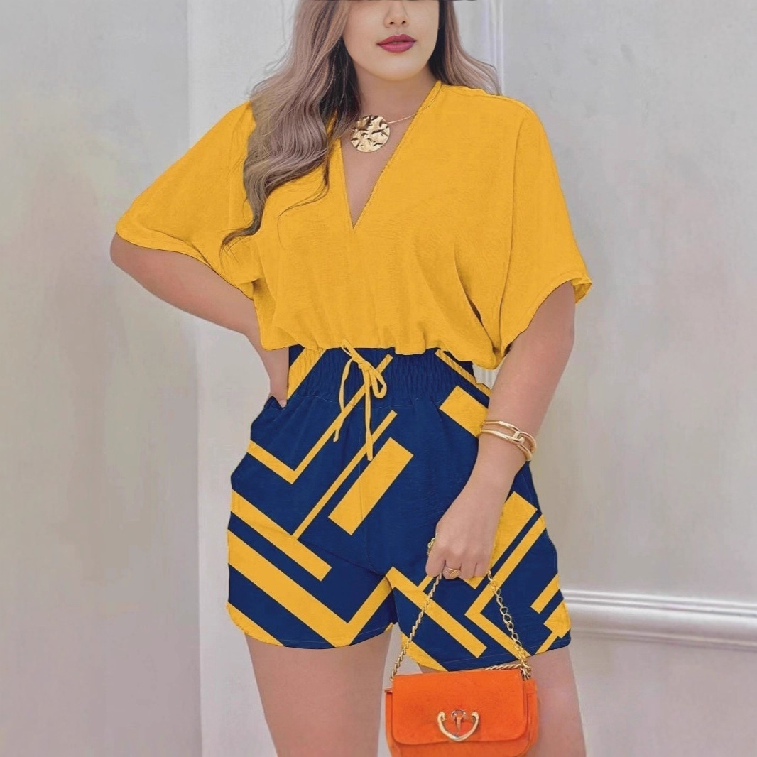 Jumpsuit V-neck Fitted Waist Short Shorts