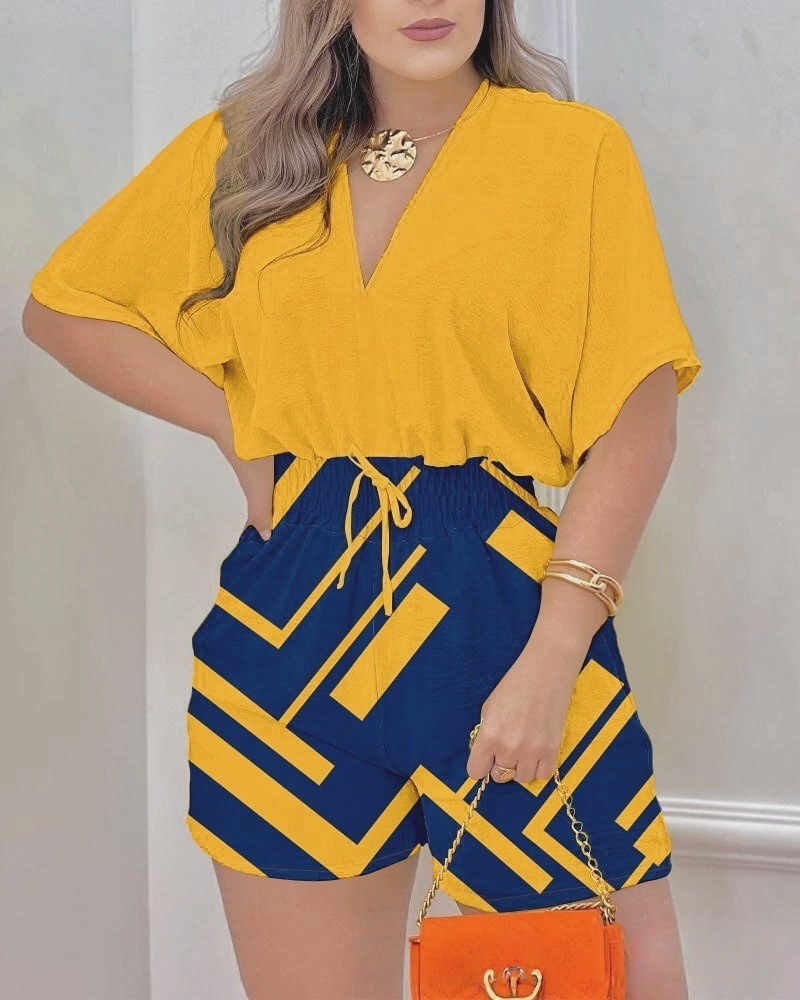 Jumpsuit V-neck Fitted Waist Short Shorts