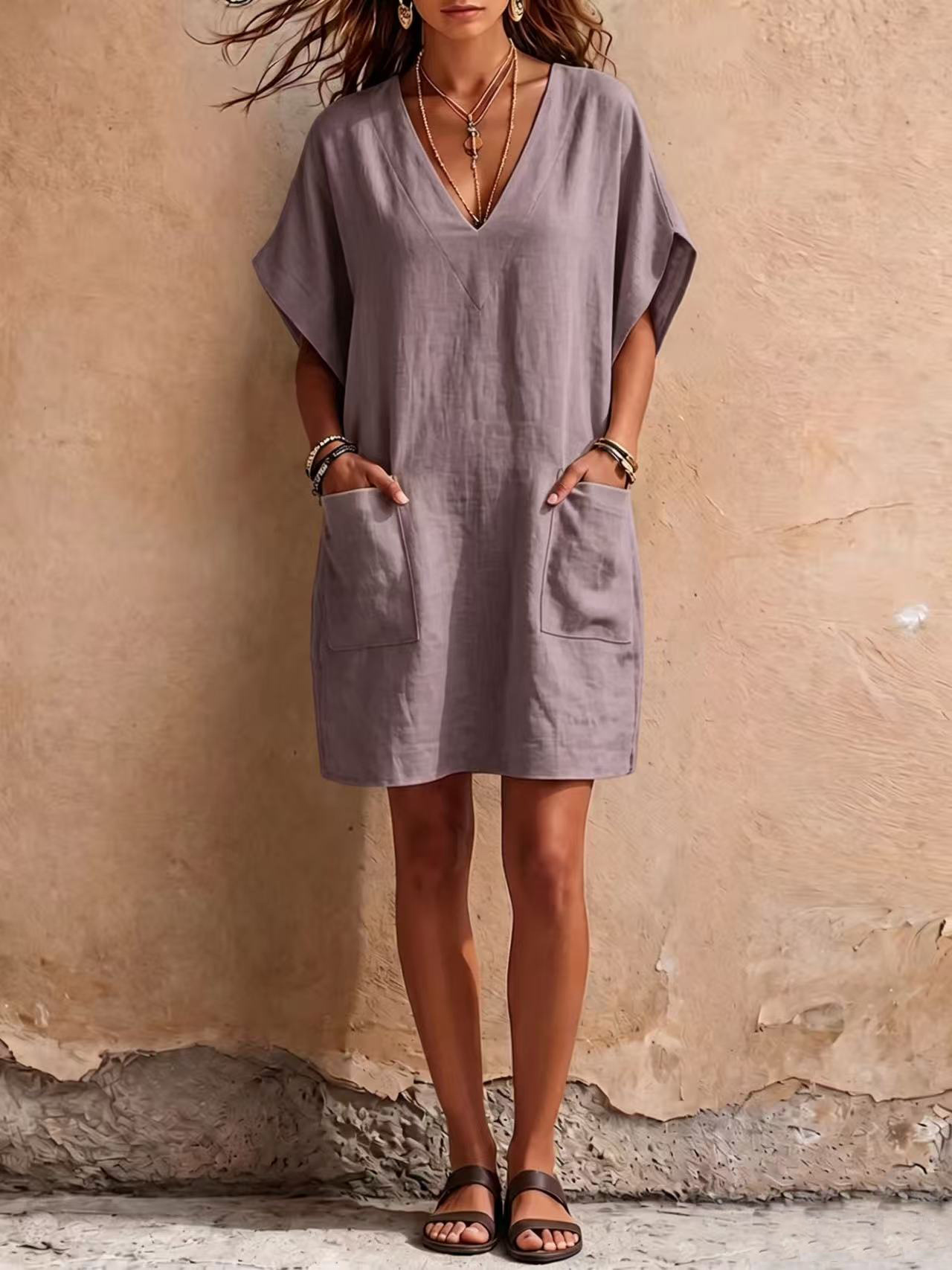 V-neck Pocket Dress For Women