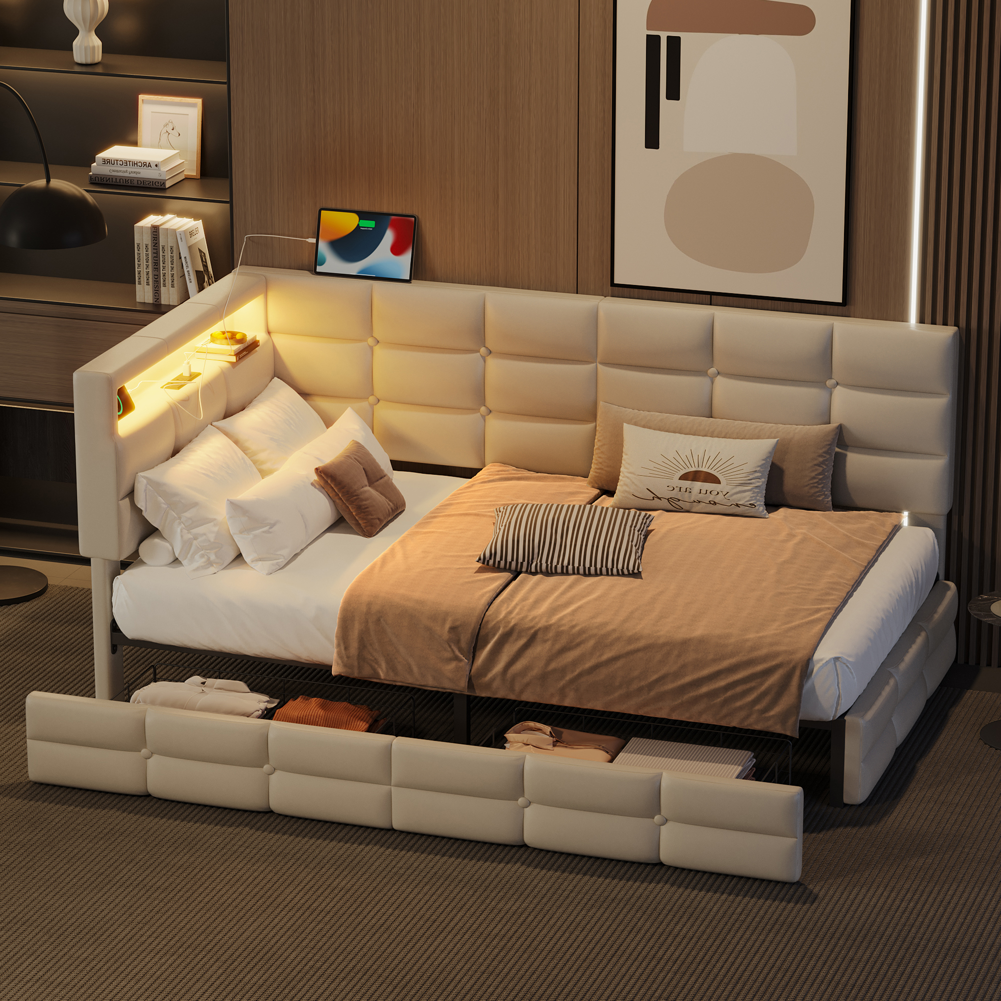 Twin Daybed Storage Drawers Beige