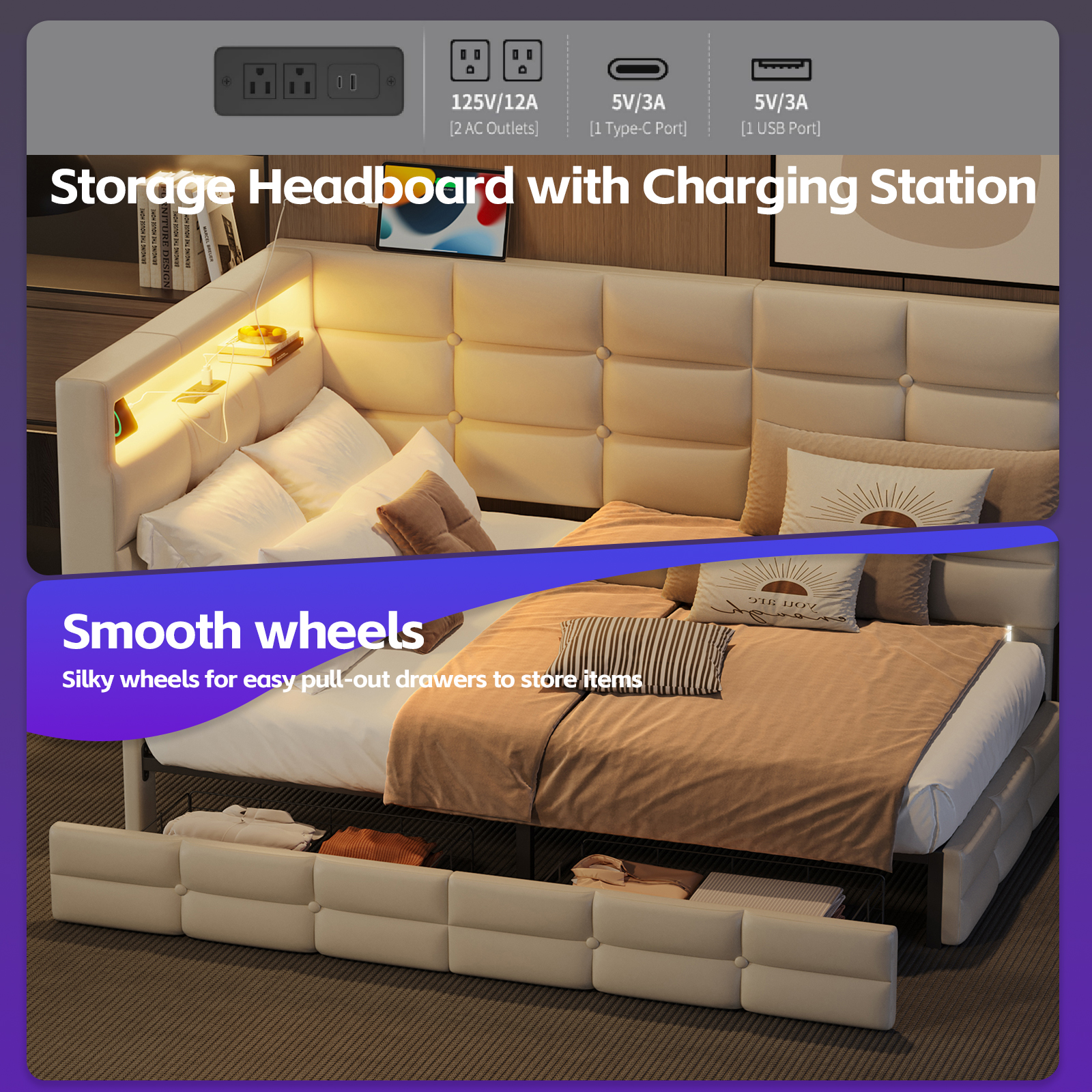 Twin Daybed Storage Drawers Beige