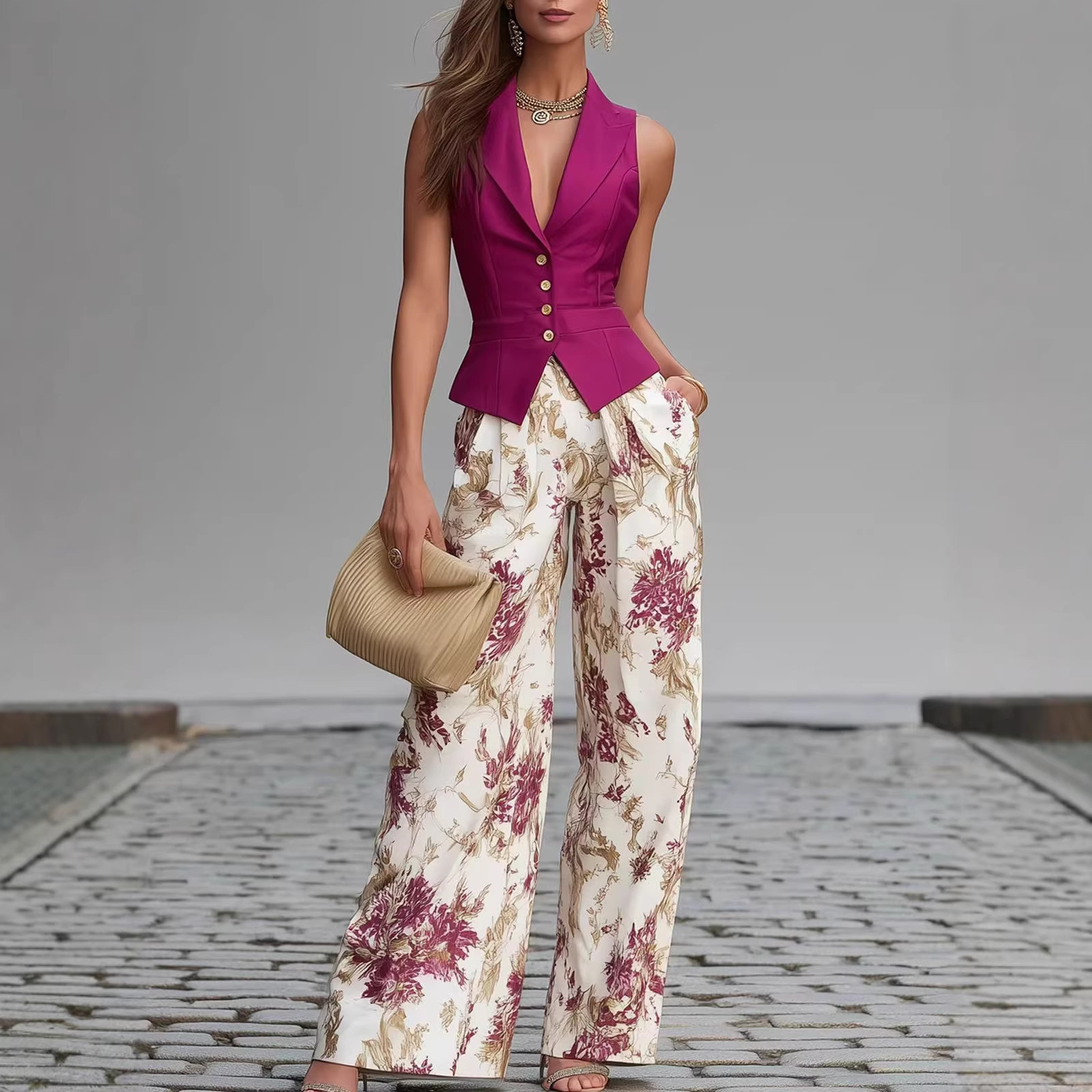 Elegant Vest Top And Wide-leg Pants
