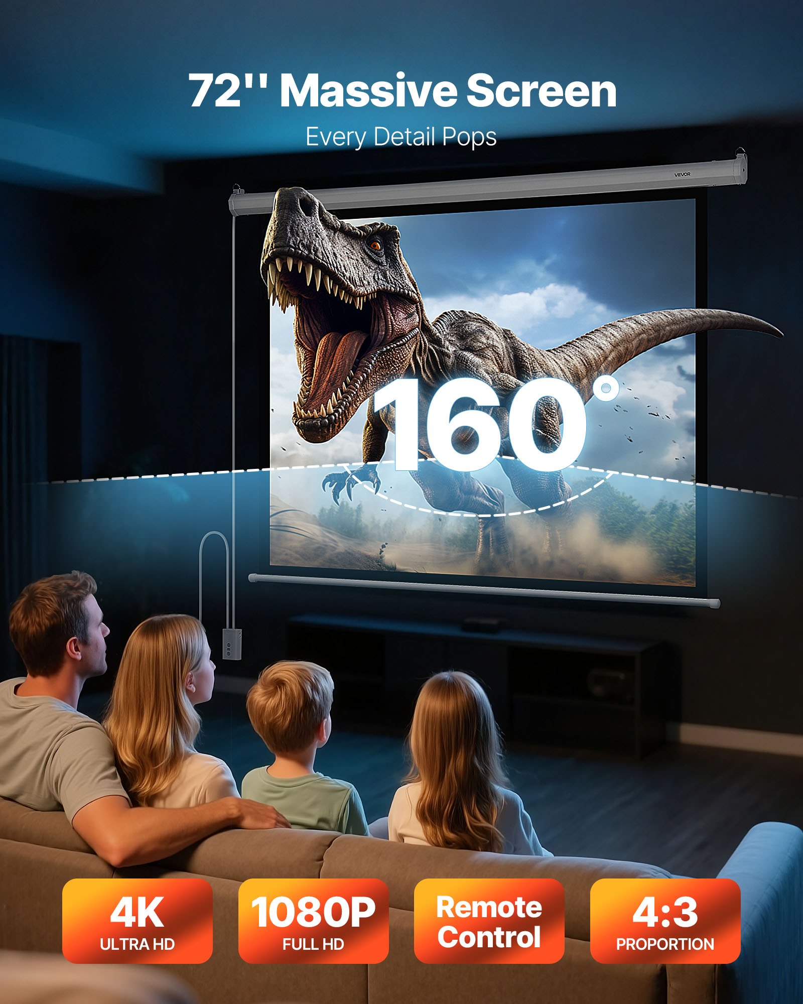 Motorized Projector Screen, 72 Inch 4:3 HD
