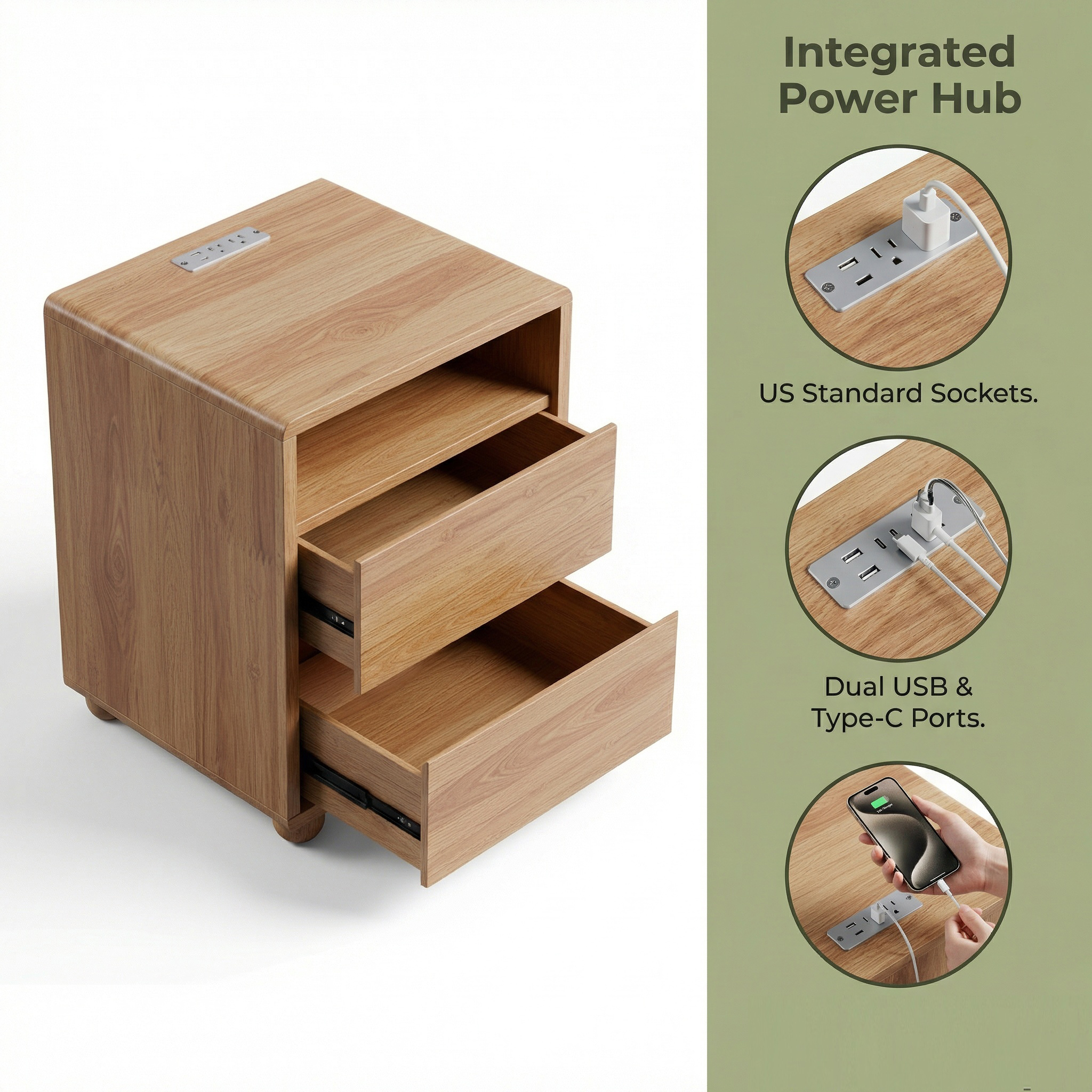Modern Nightstand With 2 Drawers And Shelves