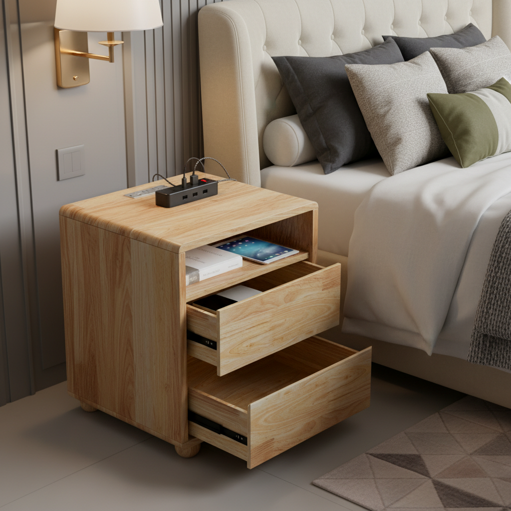 Modern Nightstand With 2 Drawers And Shelves