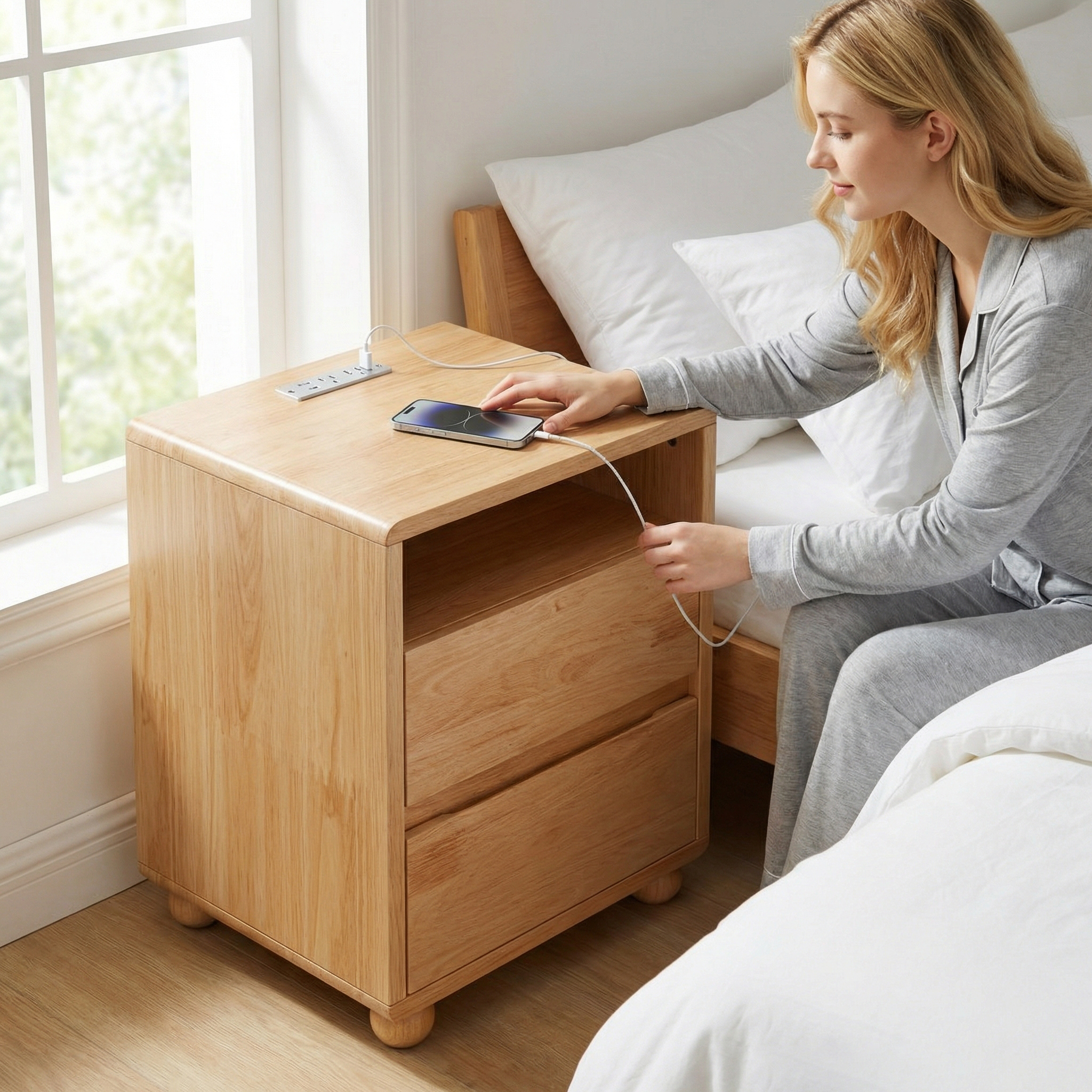 Modern Nightstand With 2 Drawers And Shelves