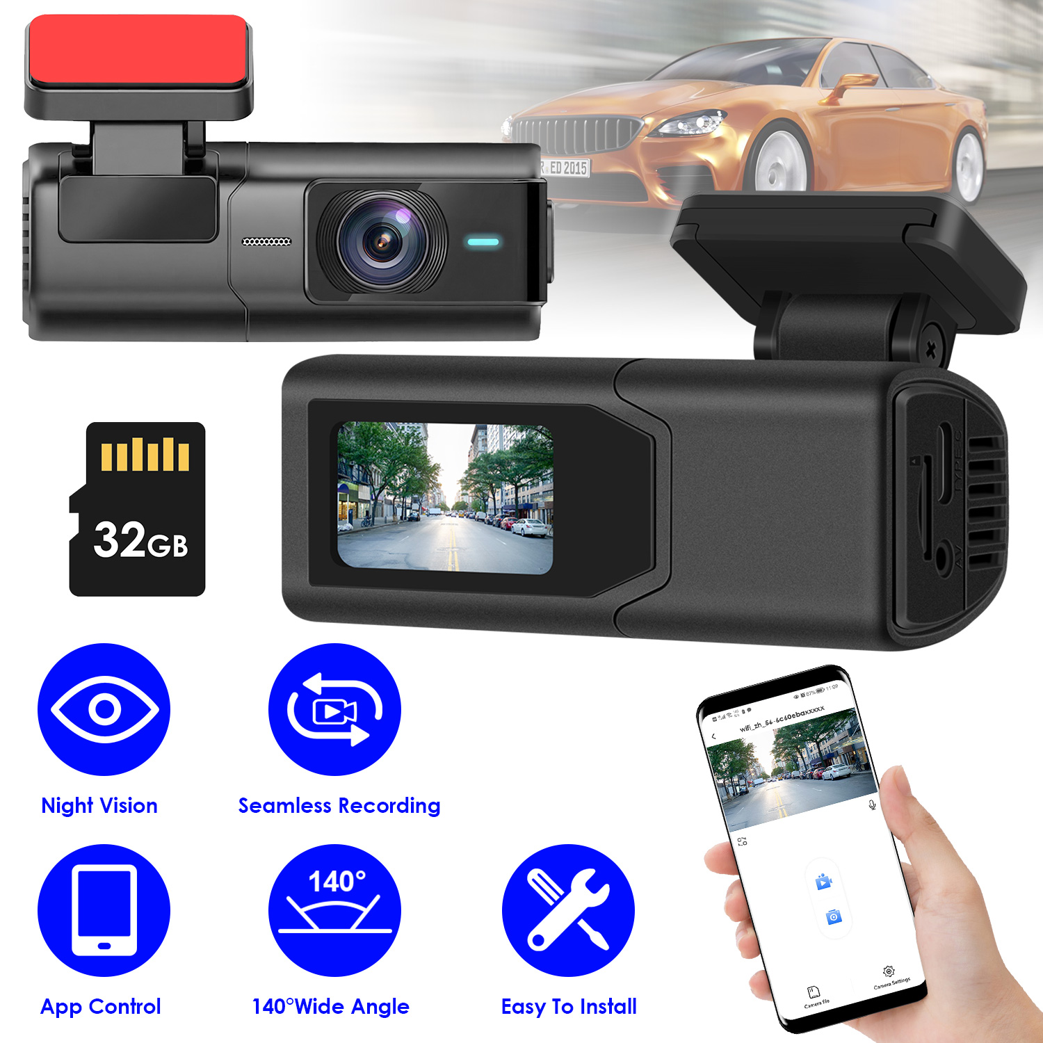 Front Dash Cam 2K HD WiFi