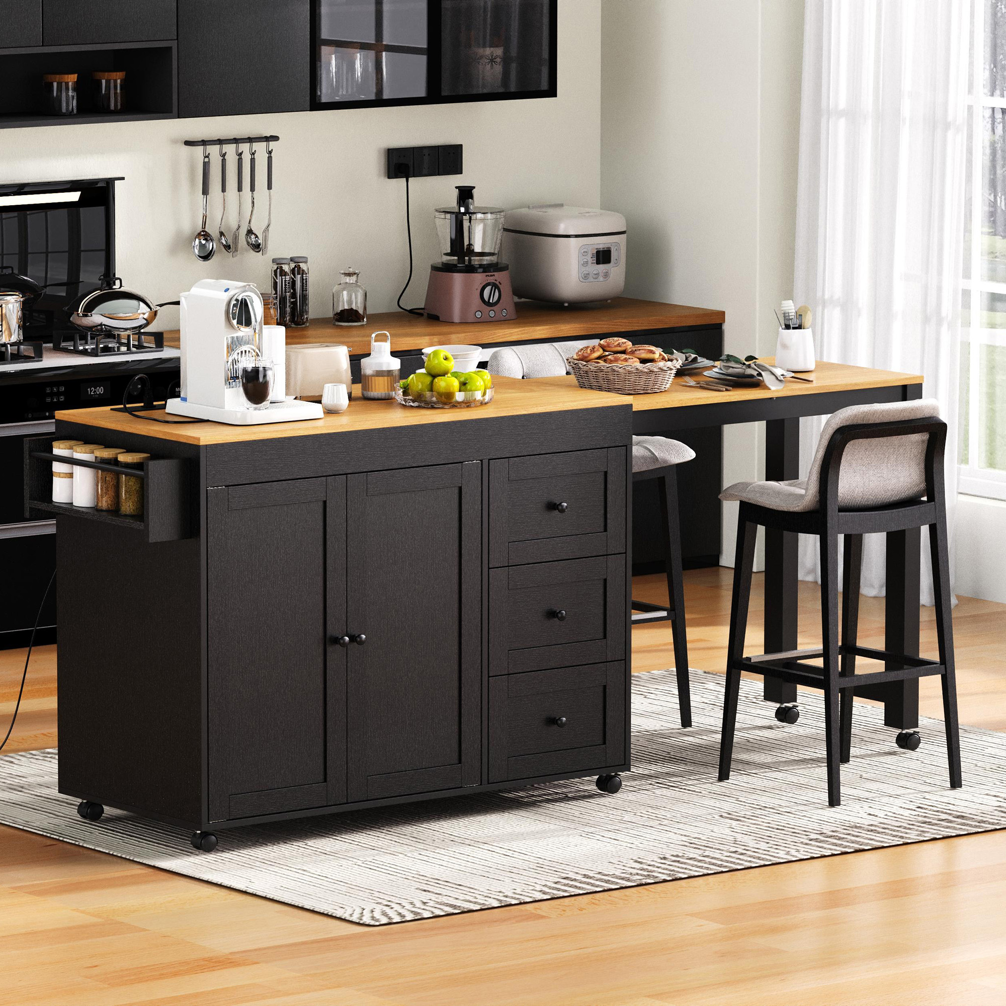 K&K Kitchen Island with Extendable Dining Table, 3 Drawers