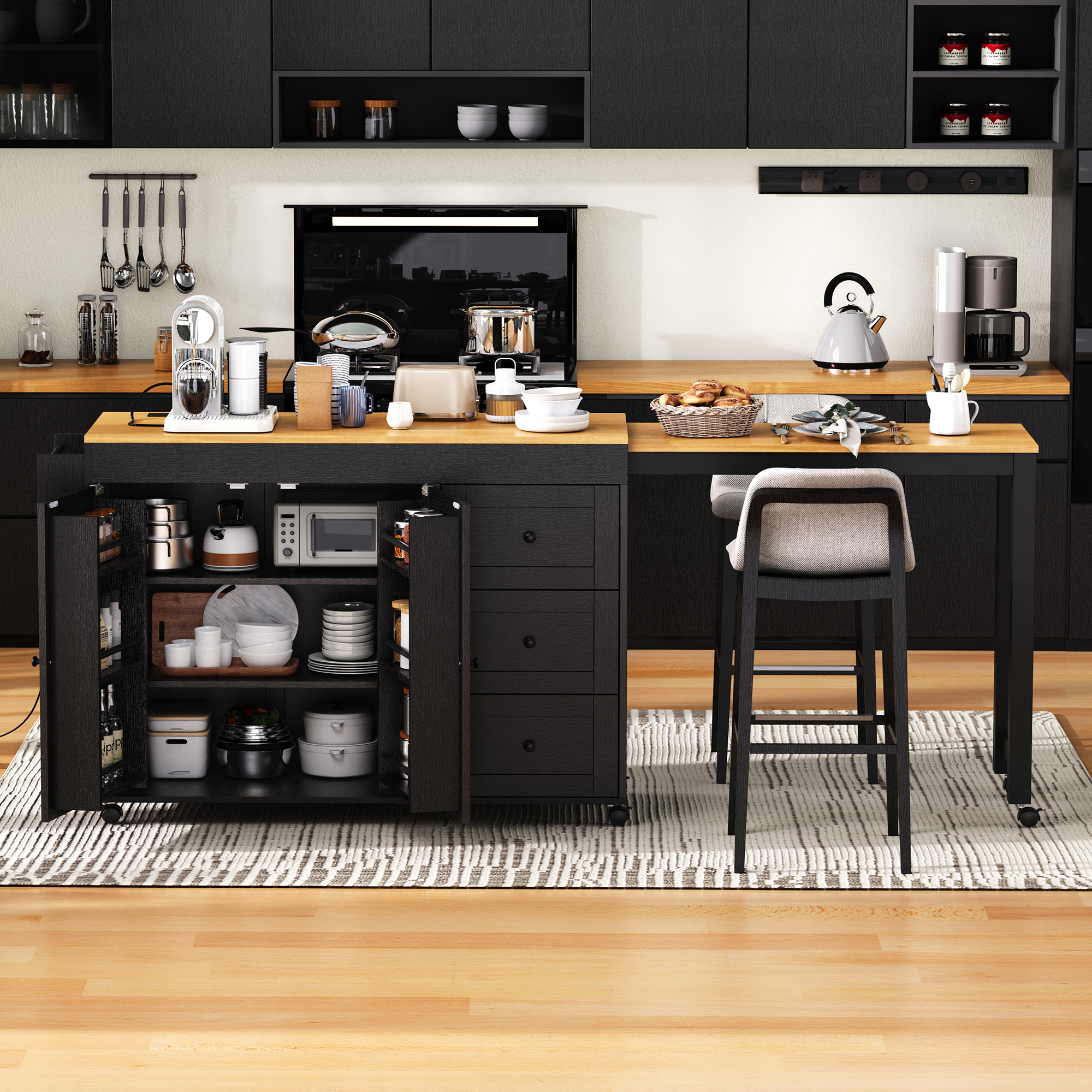 K&K Kitchen Island with Extendable Dining Table, 3 Drawers