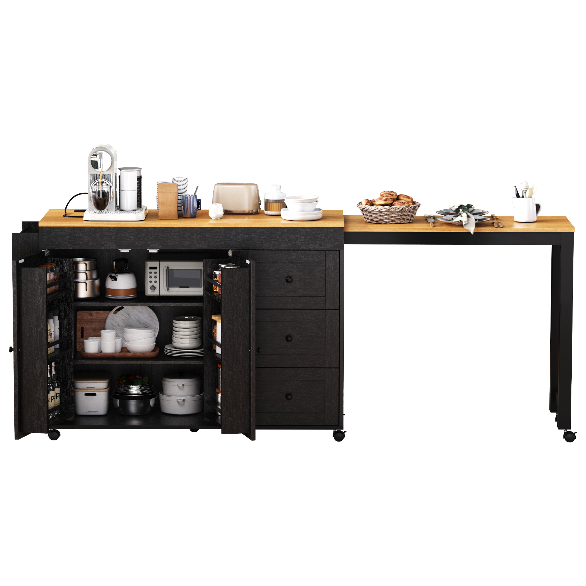 K&K Kitchen Island with Extendable Dining Table, 3 Drawers