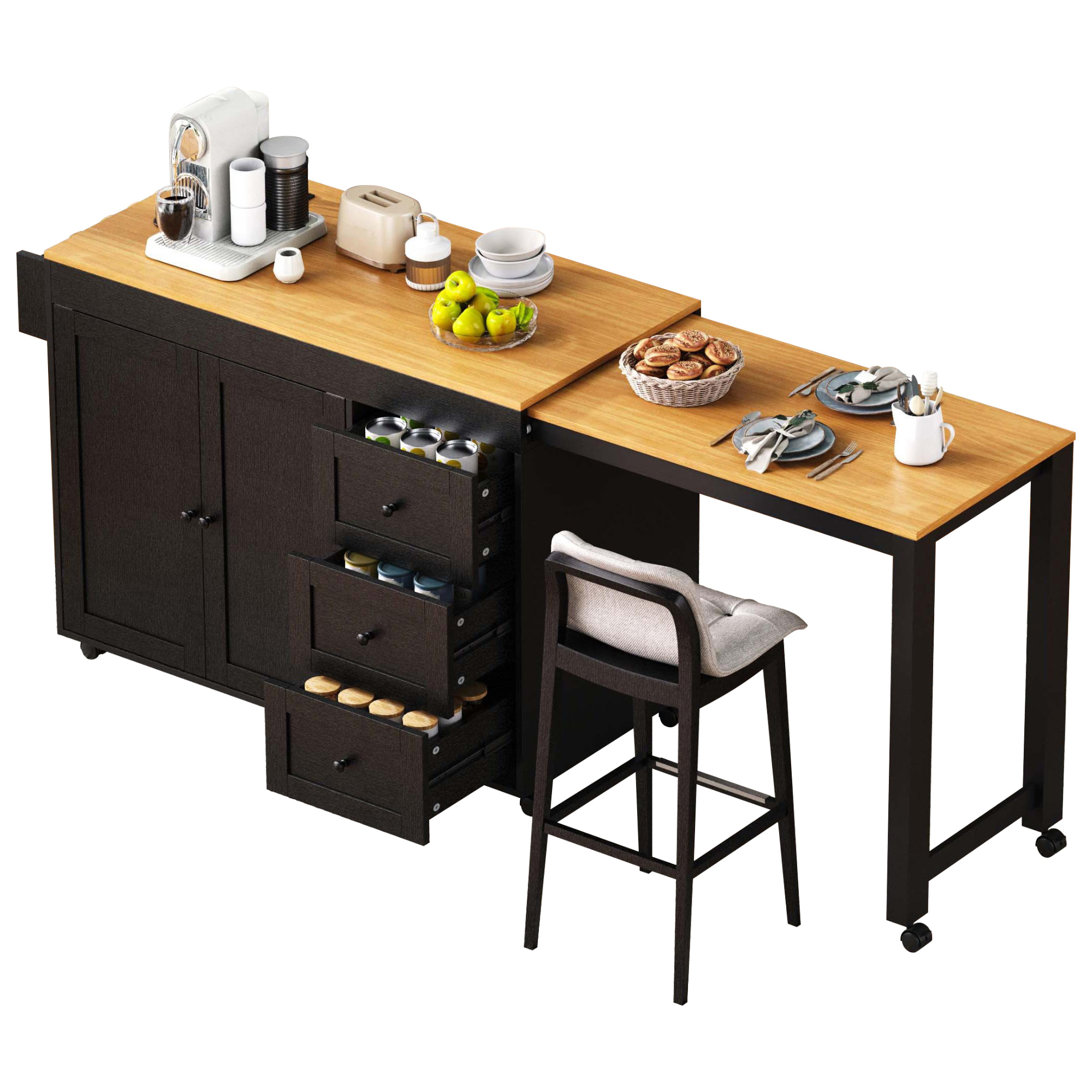 K&K Kitchen Island with Extendable Dining Table, 3 Drawers