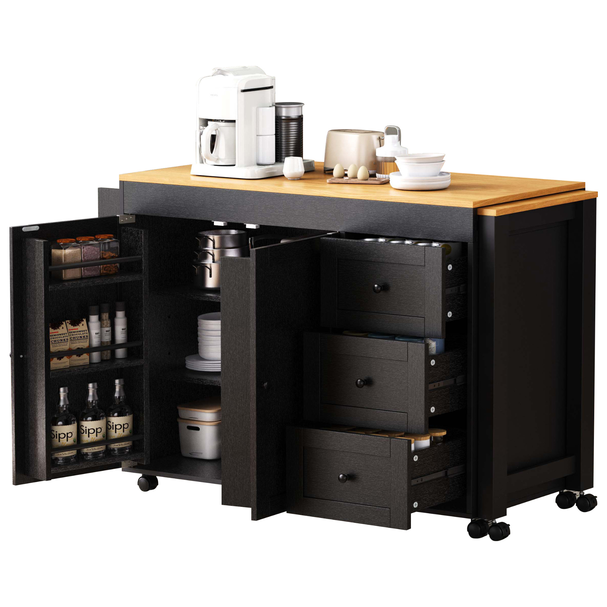 K&K Kitchen Island with Extendable Dining Table, 3 Drawers