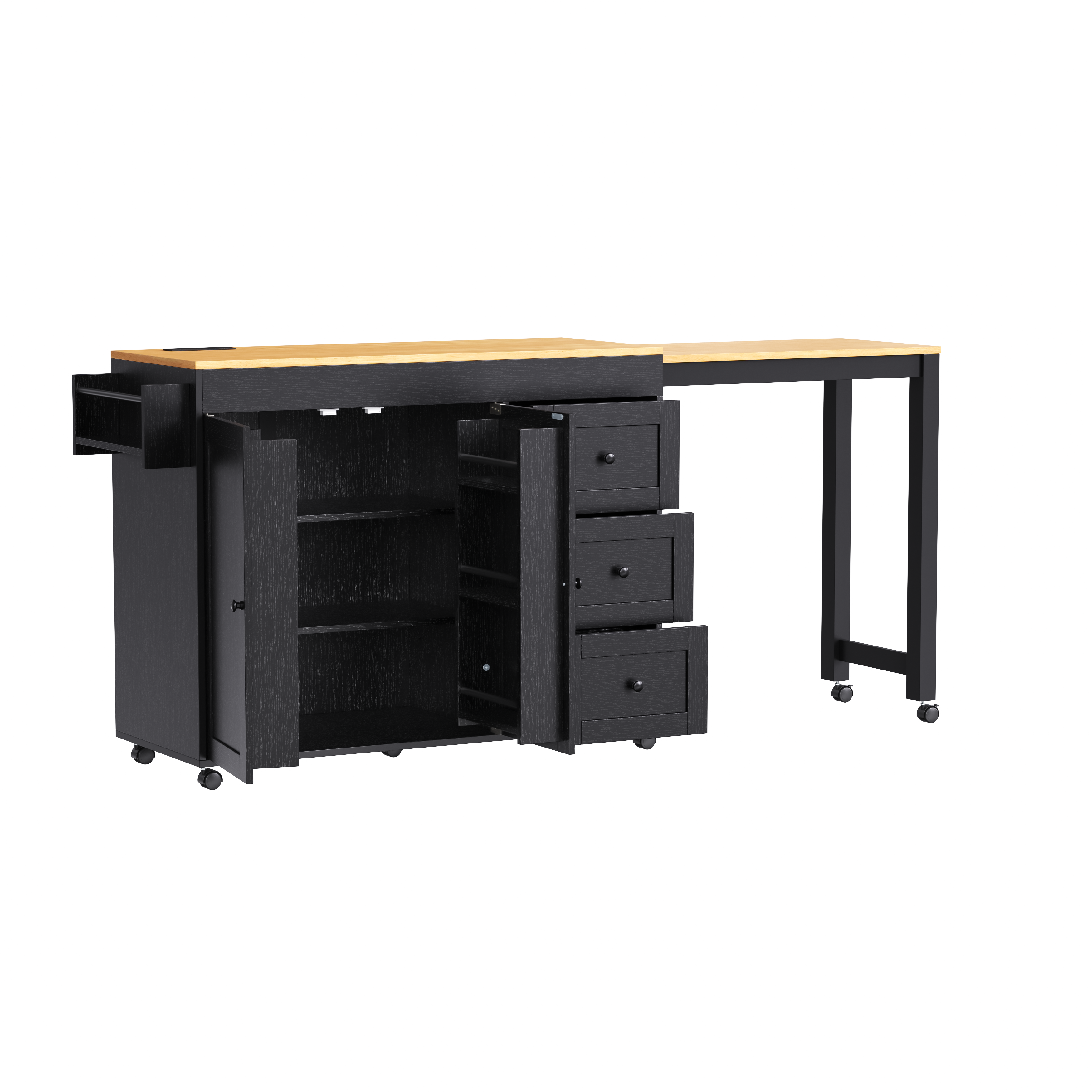 K&K Kitchen Island with Extendable Dining Table, 3 Drawers