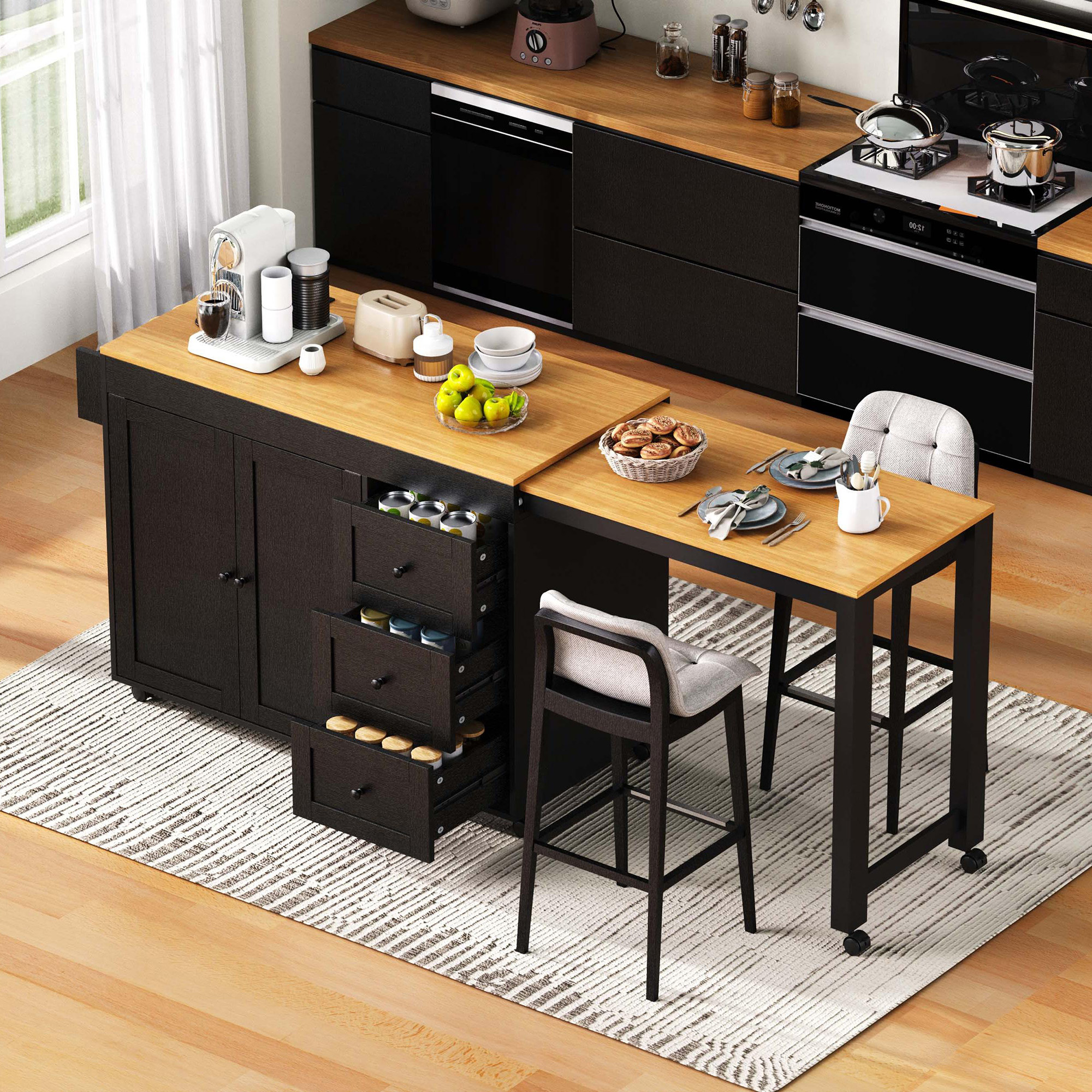 K&K Kitchen Island with Extendable Dining Table, 3 Drawers