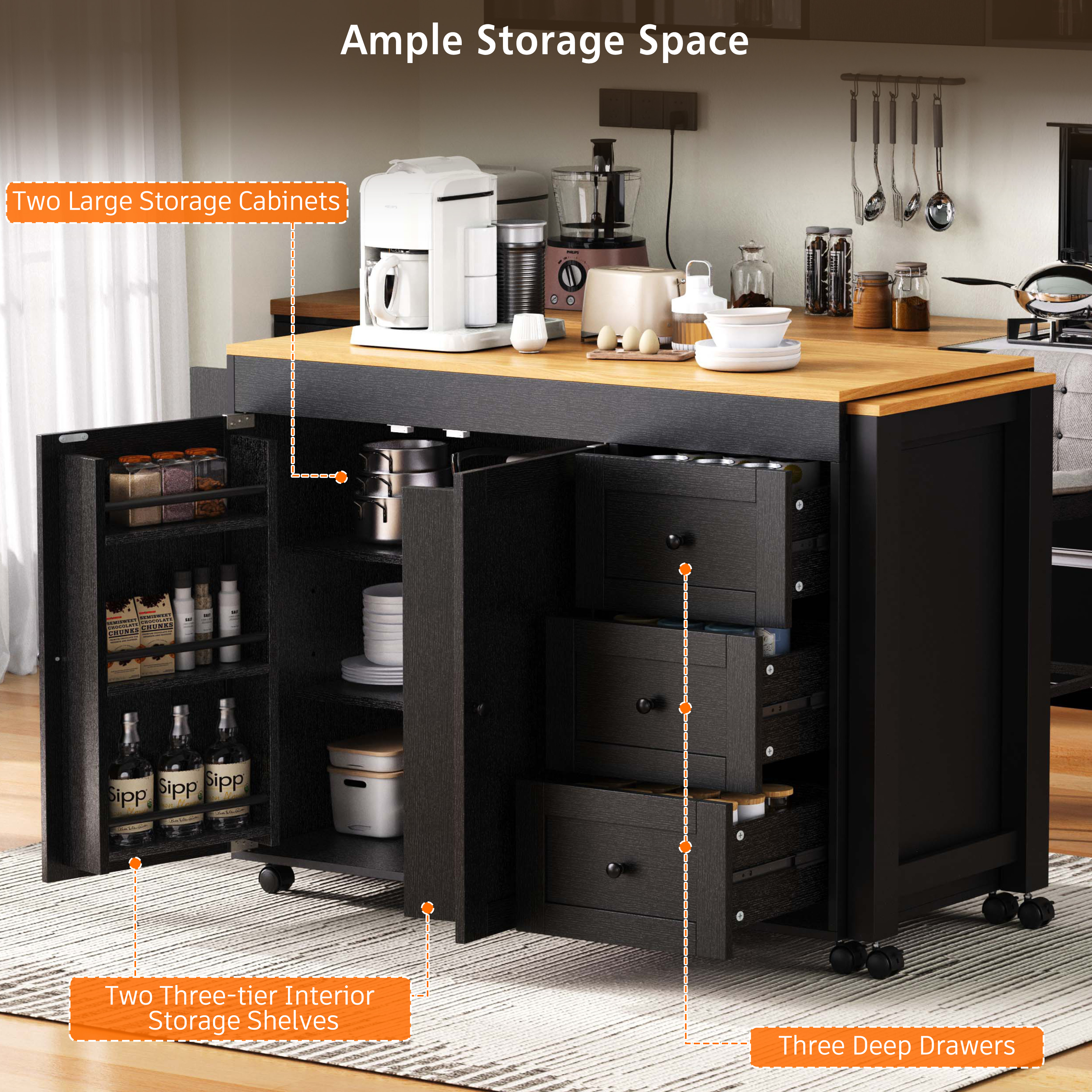 K&K Kitchen Island with Extendable Dining Table, 3 Drawers