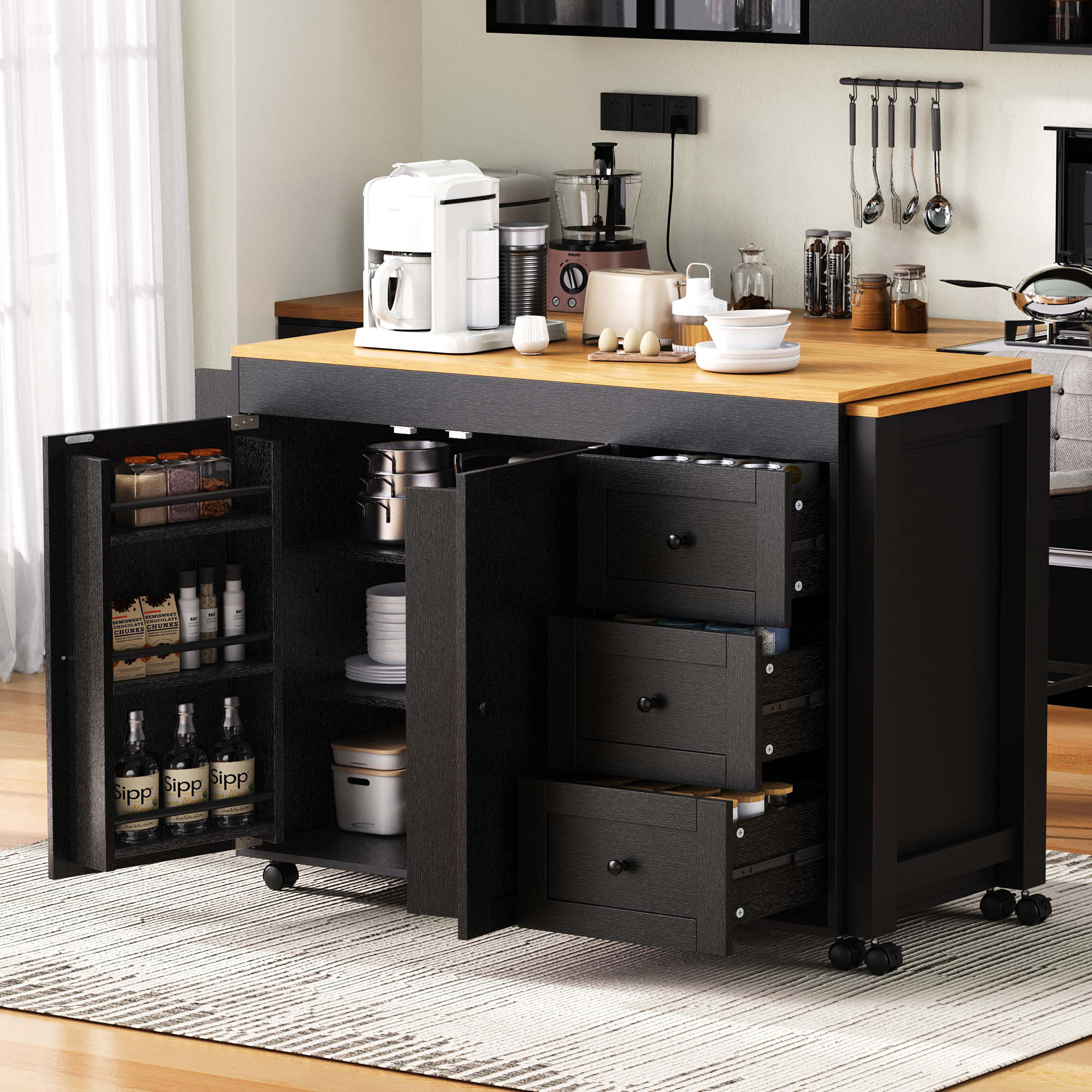 K&K Kitchen Island with Extendable Dining Table, 3 Drawers