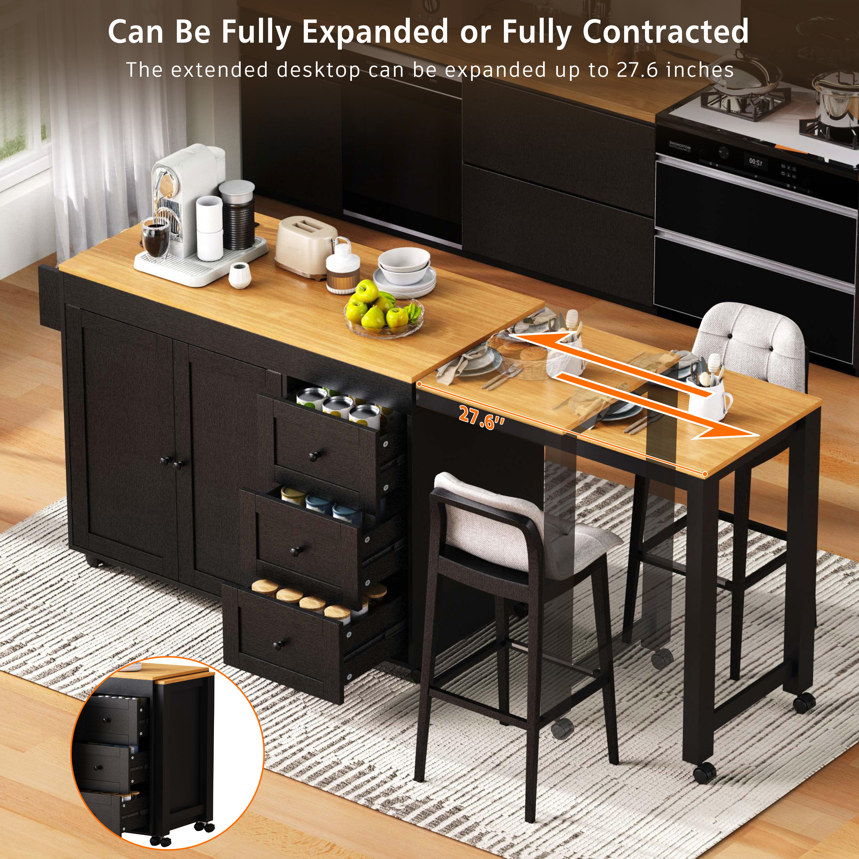 K&K Kitchen Island with Extendable Dining Table, 3 Drawers
