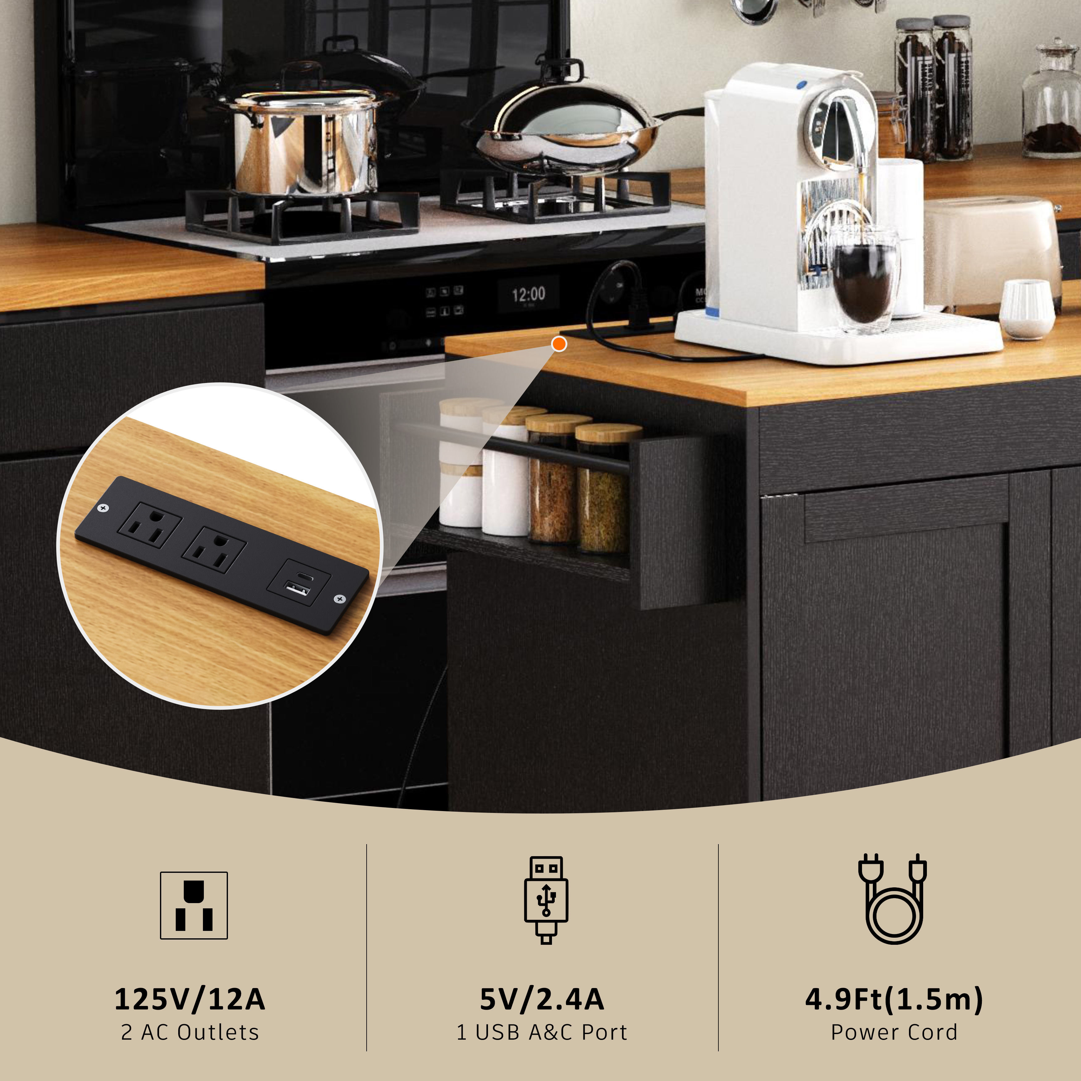 K&K Kitchen Island with Extendable Dining Table, 3 Drawers