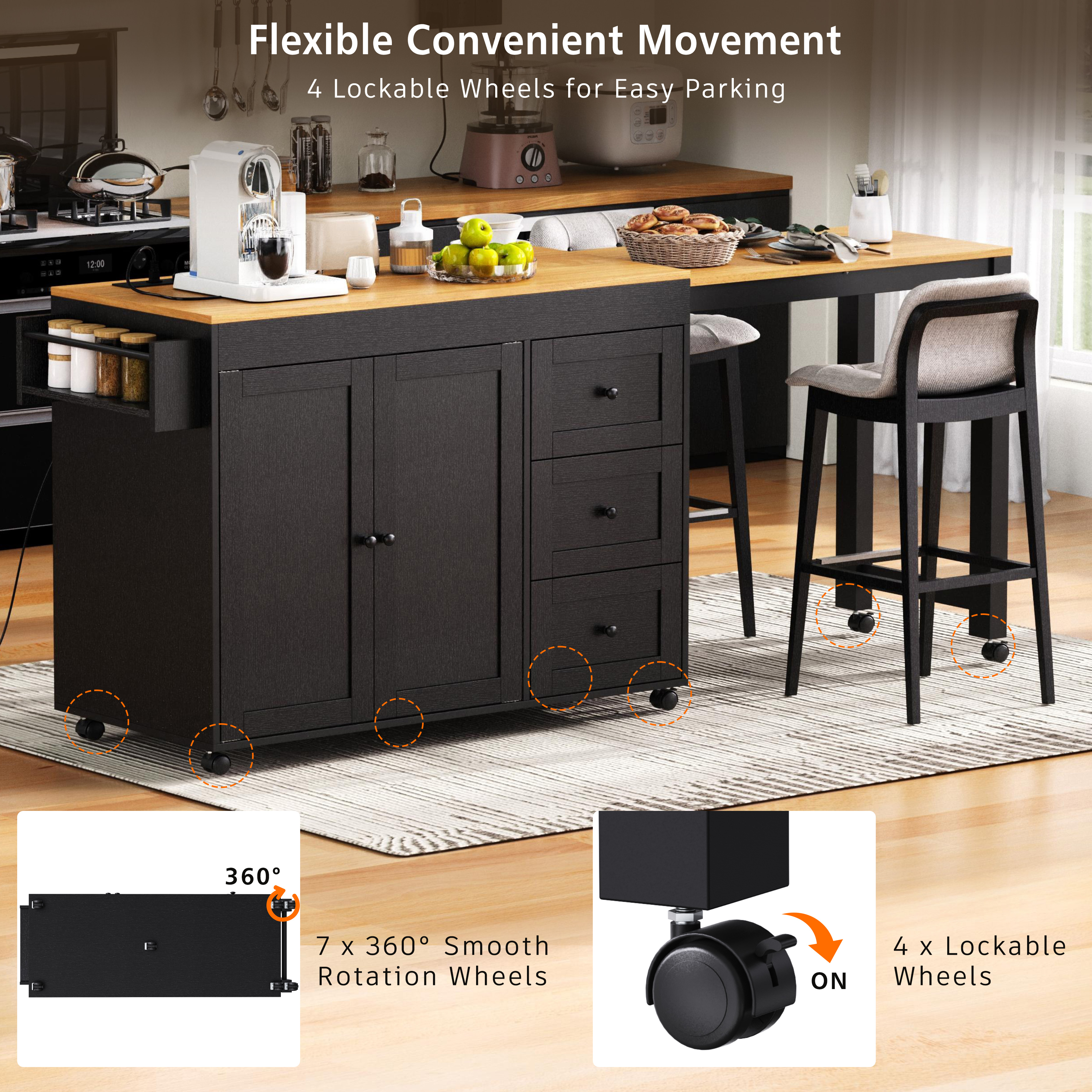 K&K Kitchen Island with Extendable Dining Table, 3 Drawers
