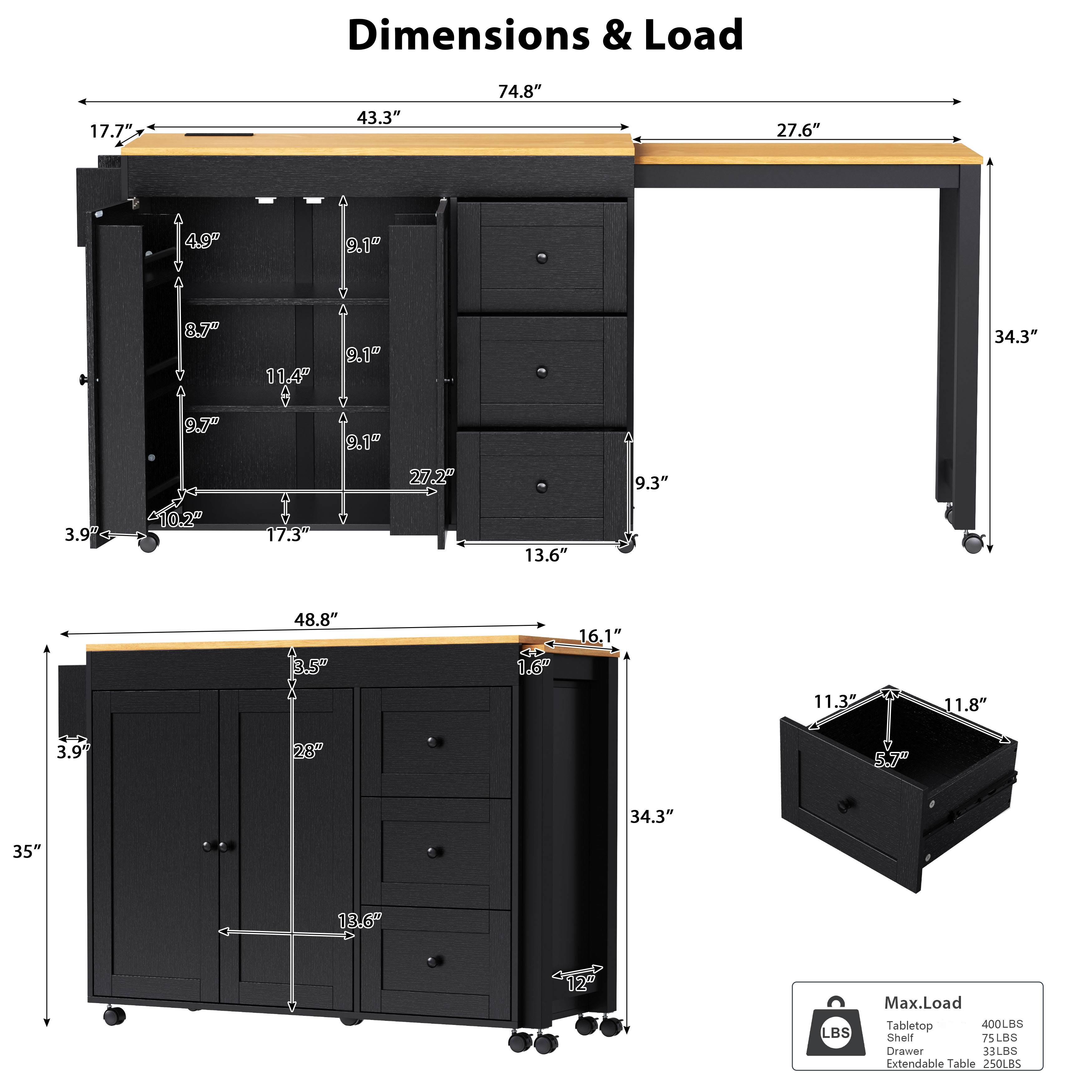 K&K Kitchen Island with Extendable Dining Table, 3 Drawers