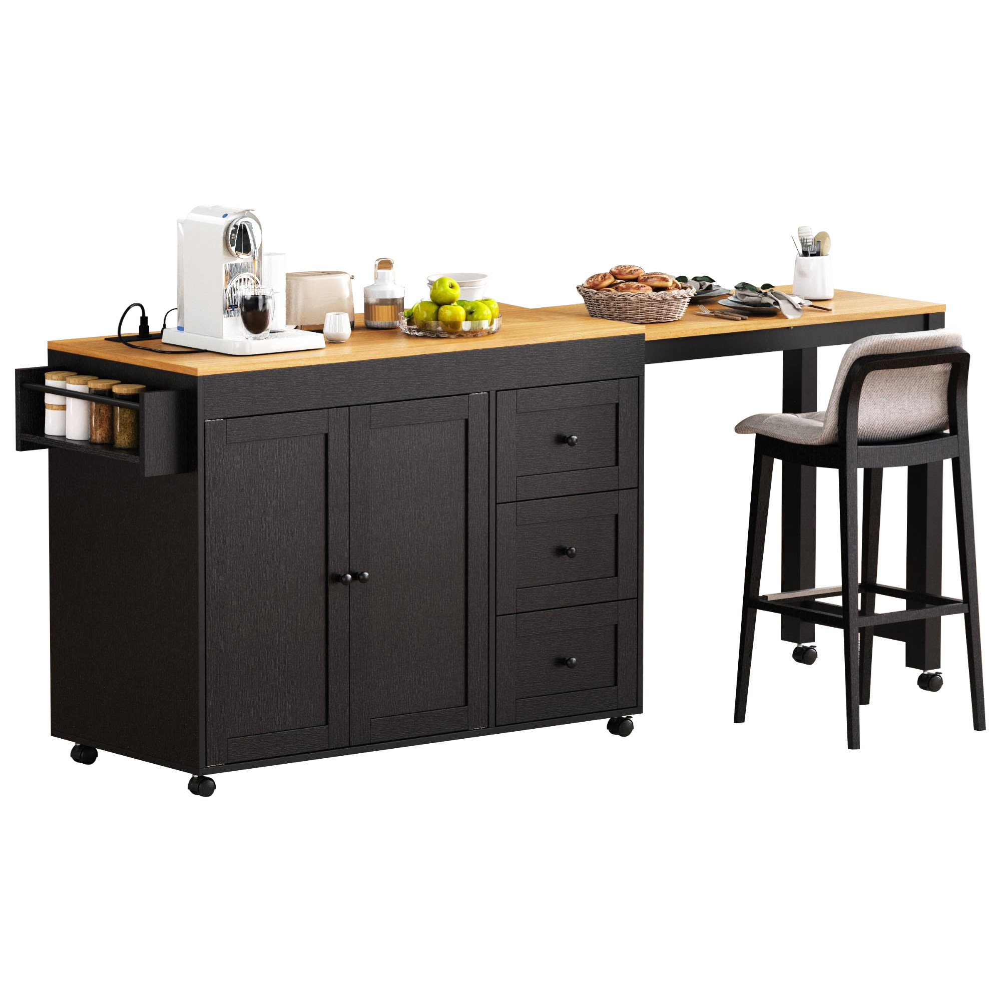K&K Kitchen Island with Extendable Dining Table, 3 Drawers