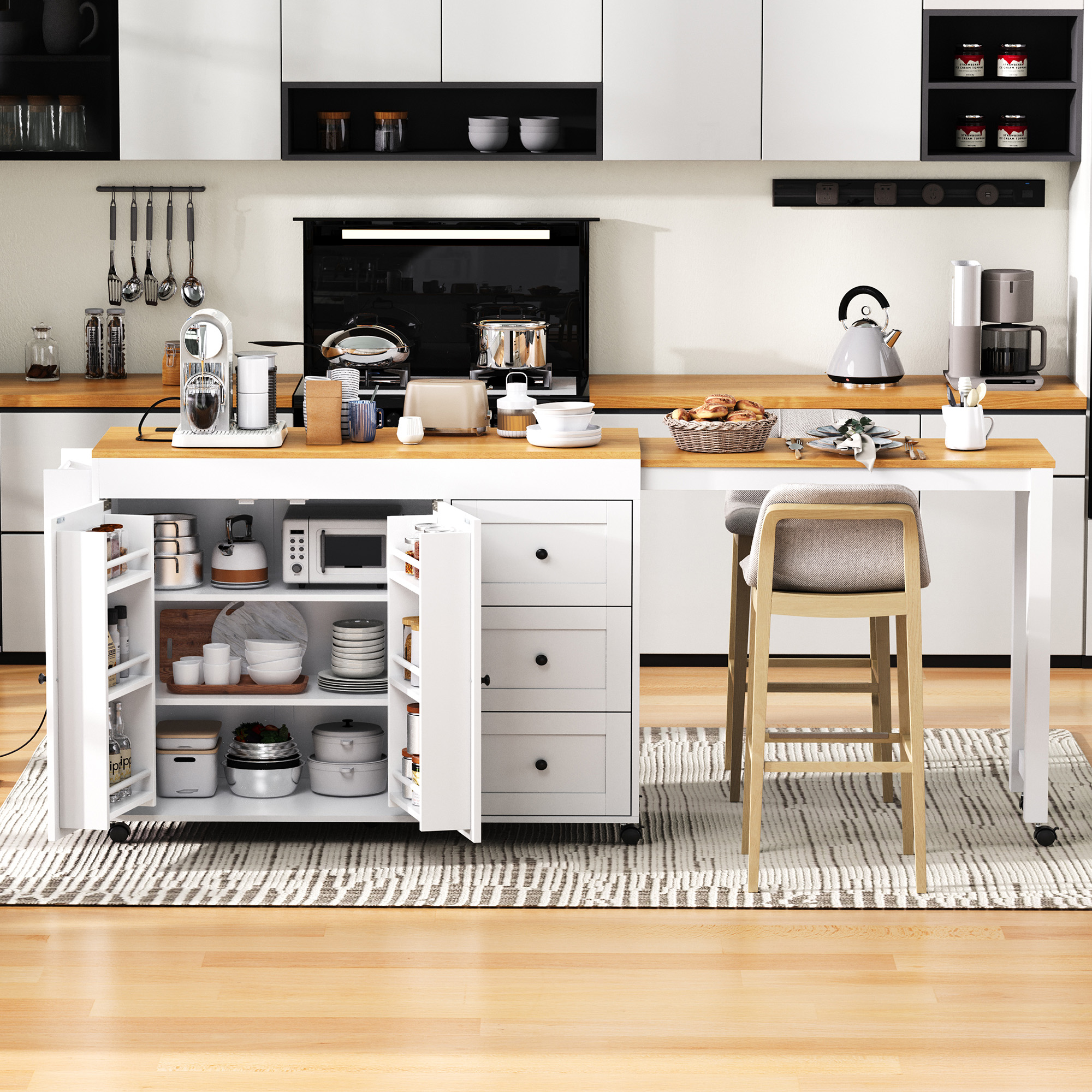 K&K Kitchen Island with Extendable Dining Table, 3 Drawers
