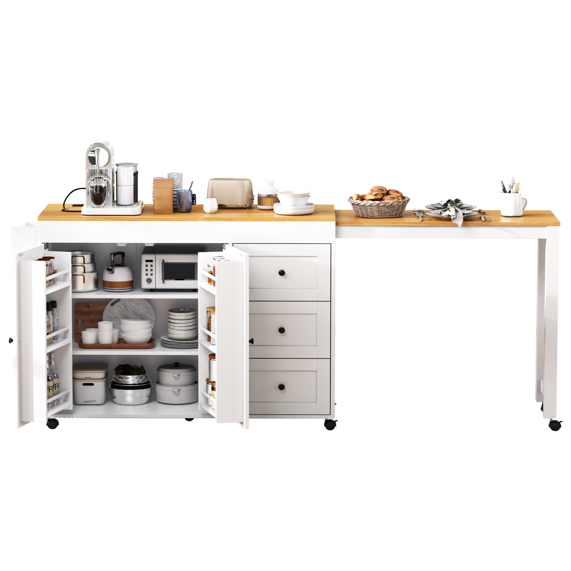 K&K Kitchen Island with Extendable Dining Table, 3 Drawers