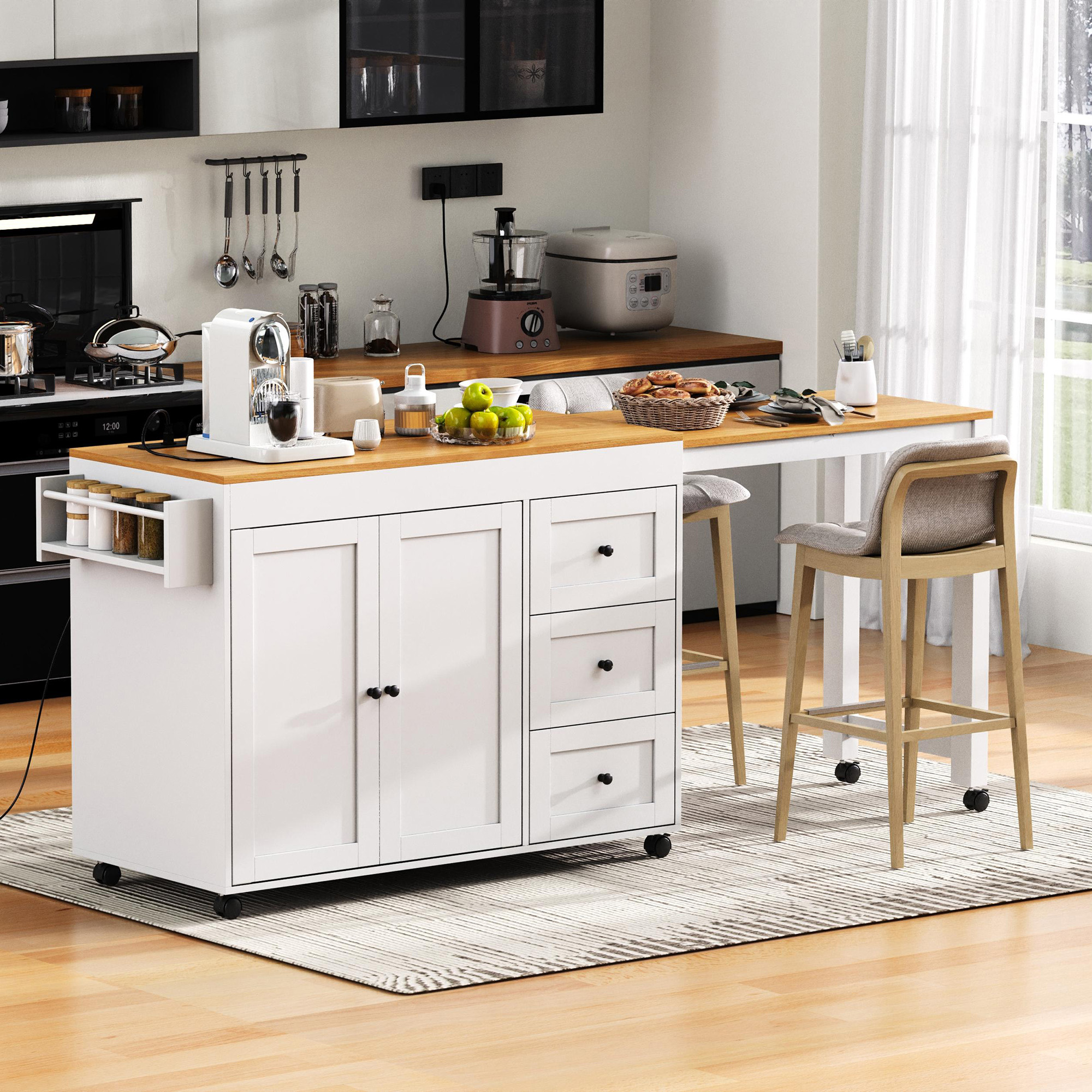 K&K Kitchen Island with Extendable Dining Table, 3 Drawers
