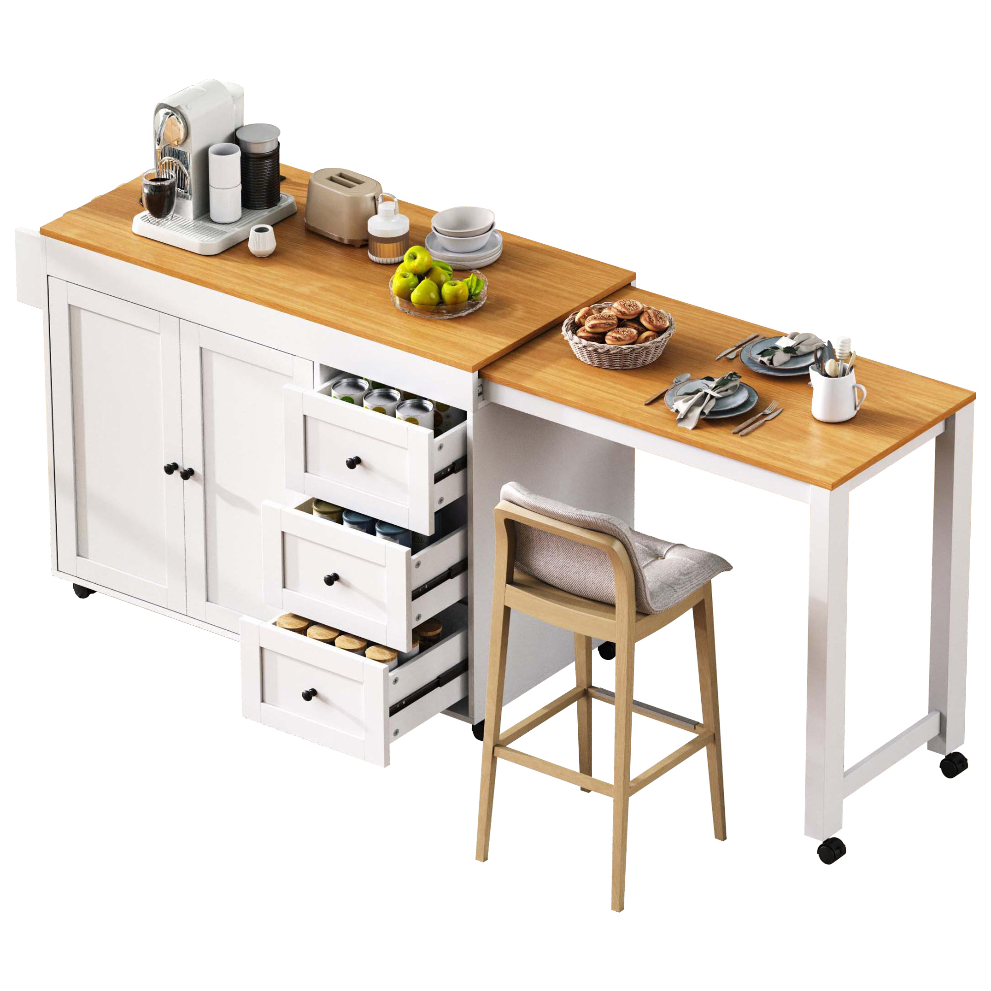 K&K Kitchen Island with Extendable Dining Table, 3 Drawers