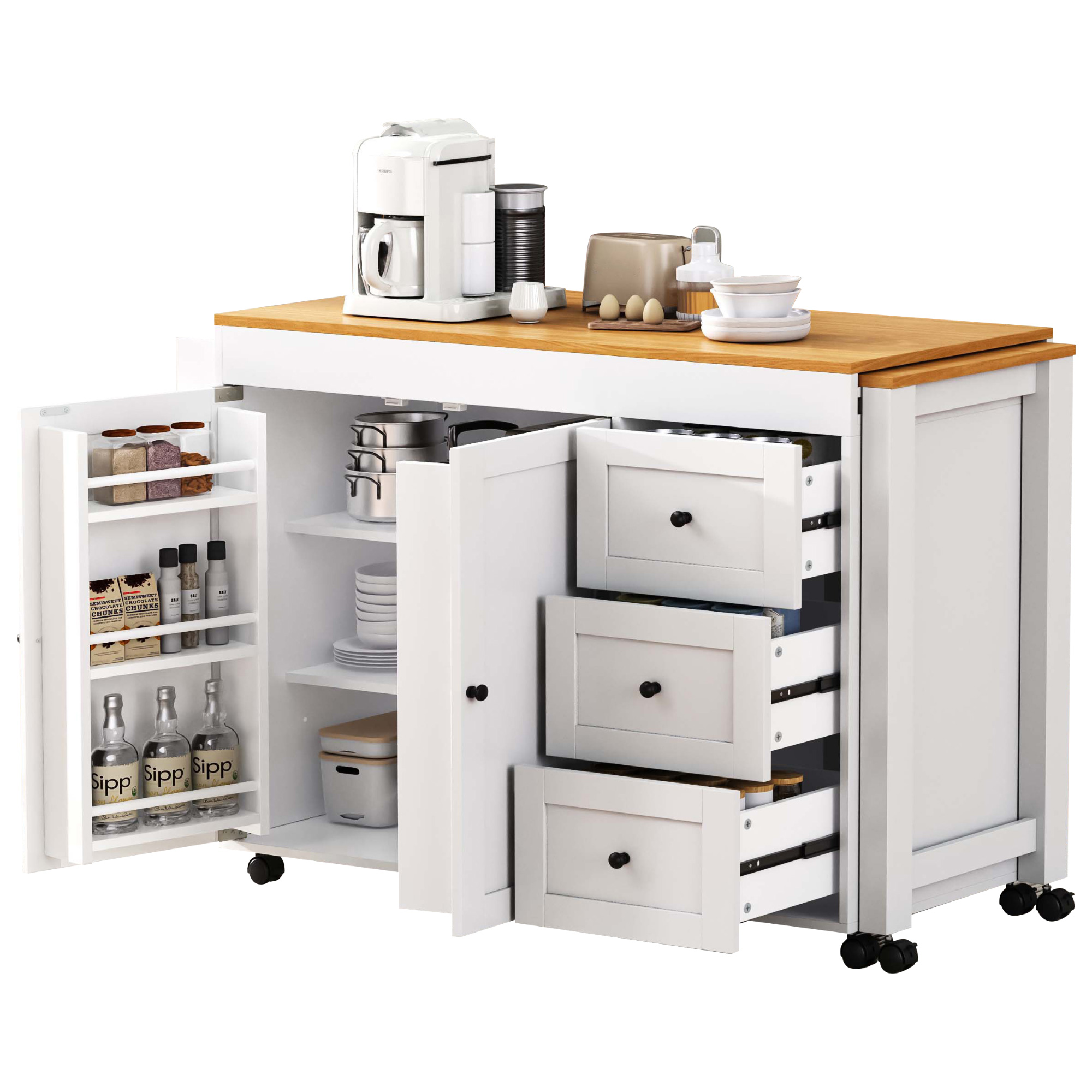 K&K Kitchen Island with Extendable Dining Table, 3 Drawers