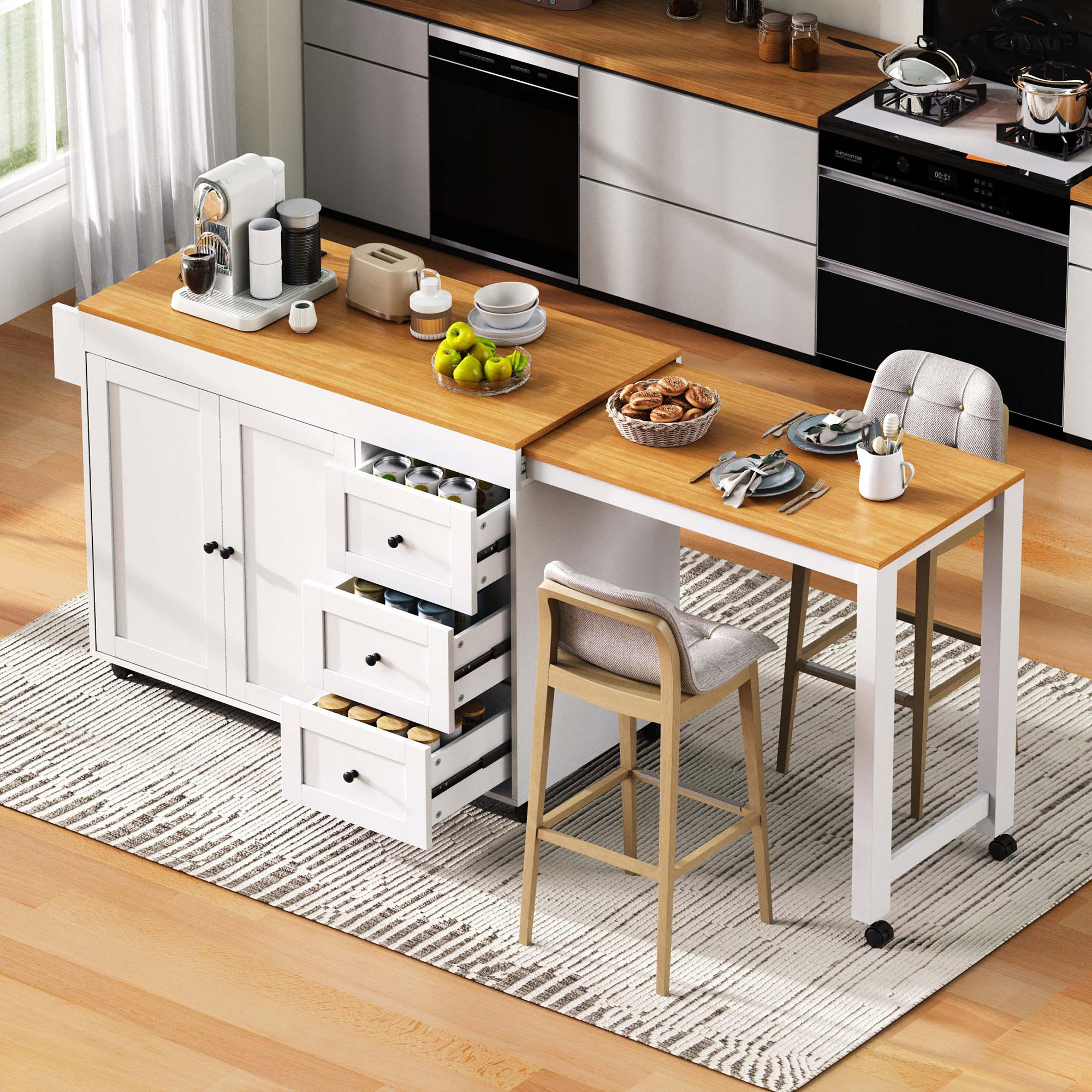 K&K Kitchen Island with Extendable Dining Table, 3 Drawers