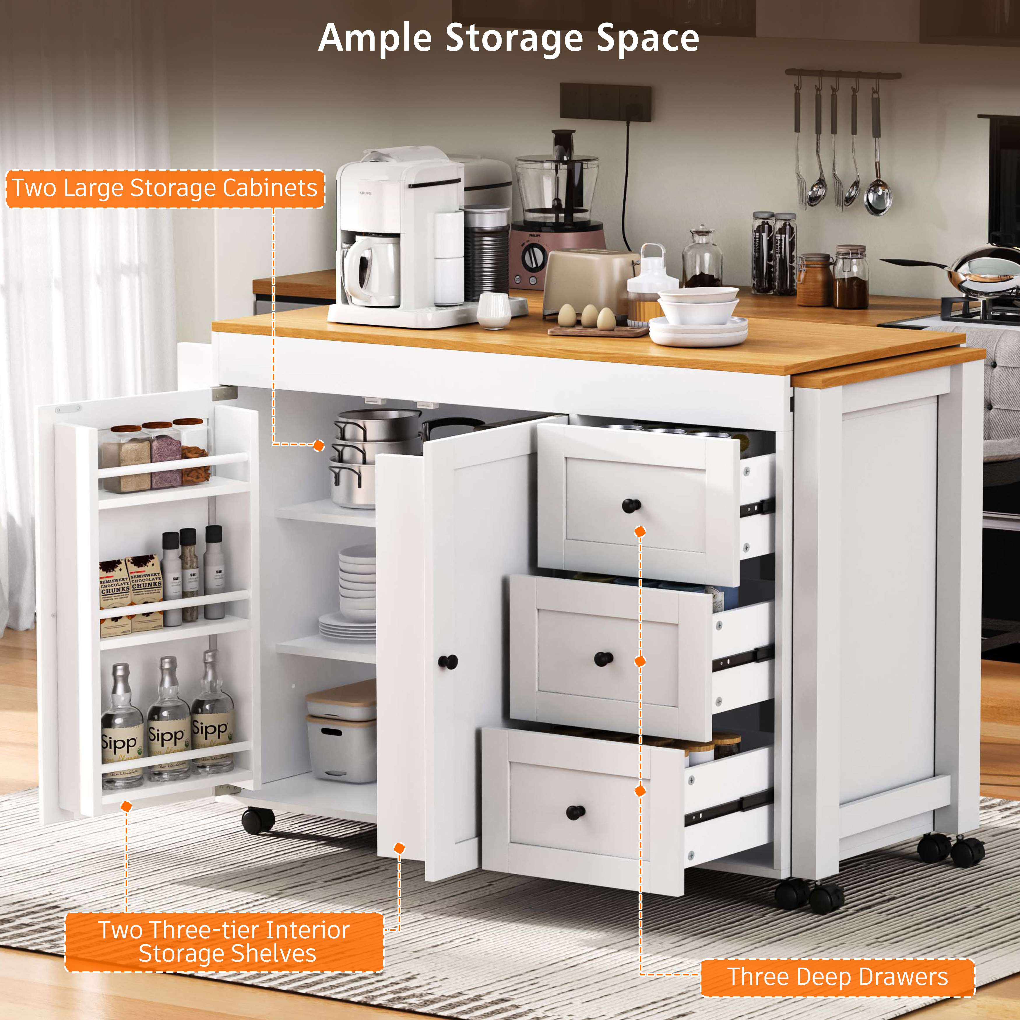 K&K Kitchen Island with Extendable Dining Table, 3 Drawers