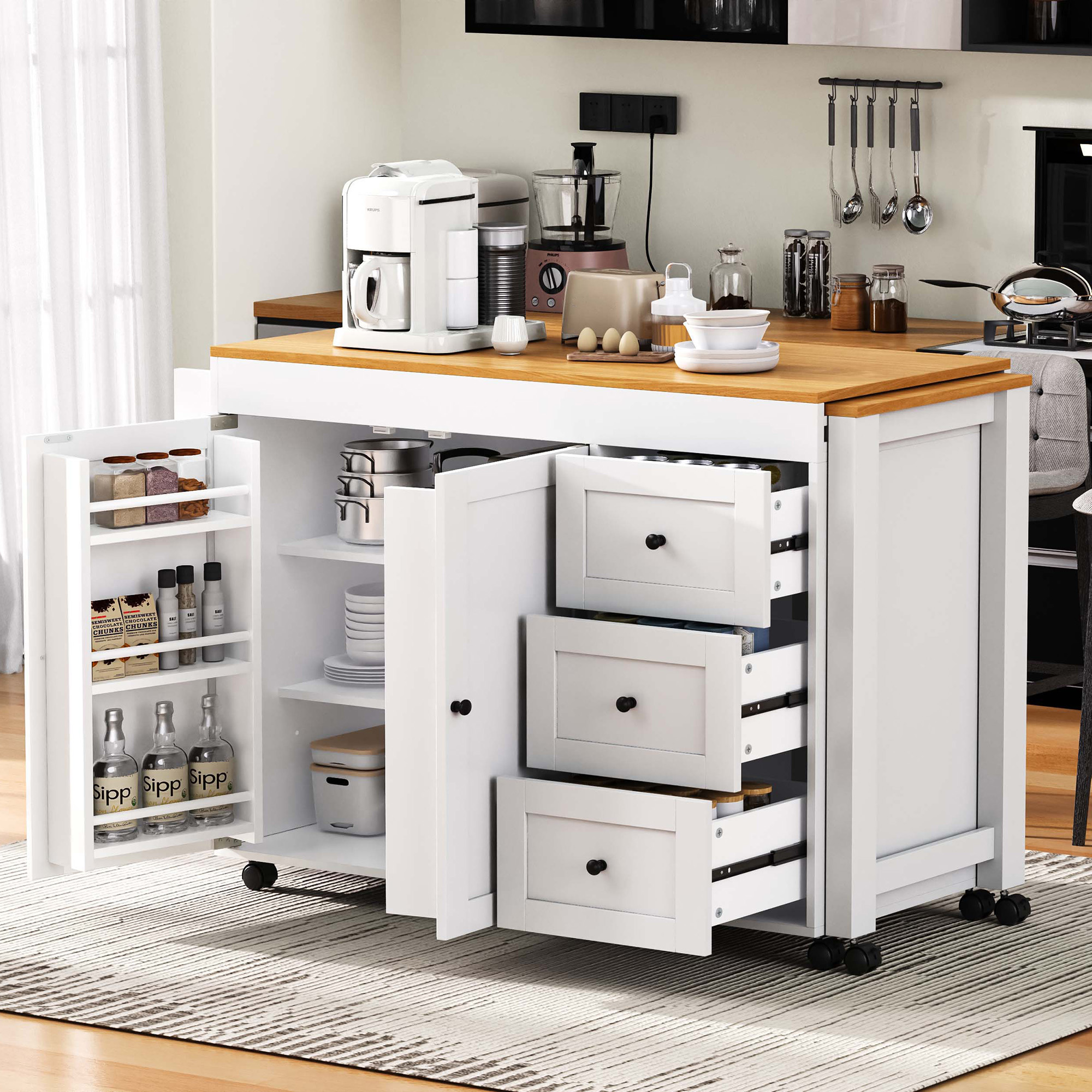 K&K Kitchen Island with Extendable Dining Table, 3 Drawers