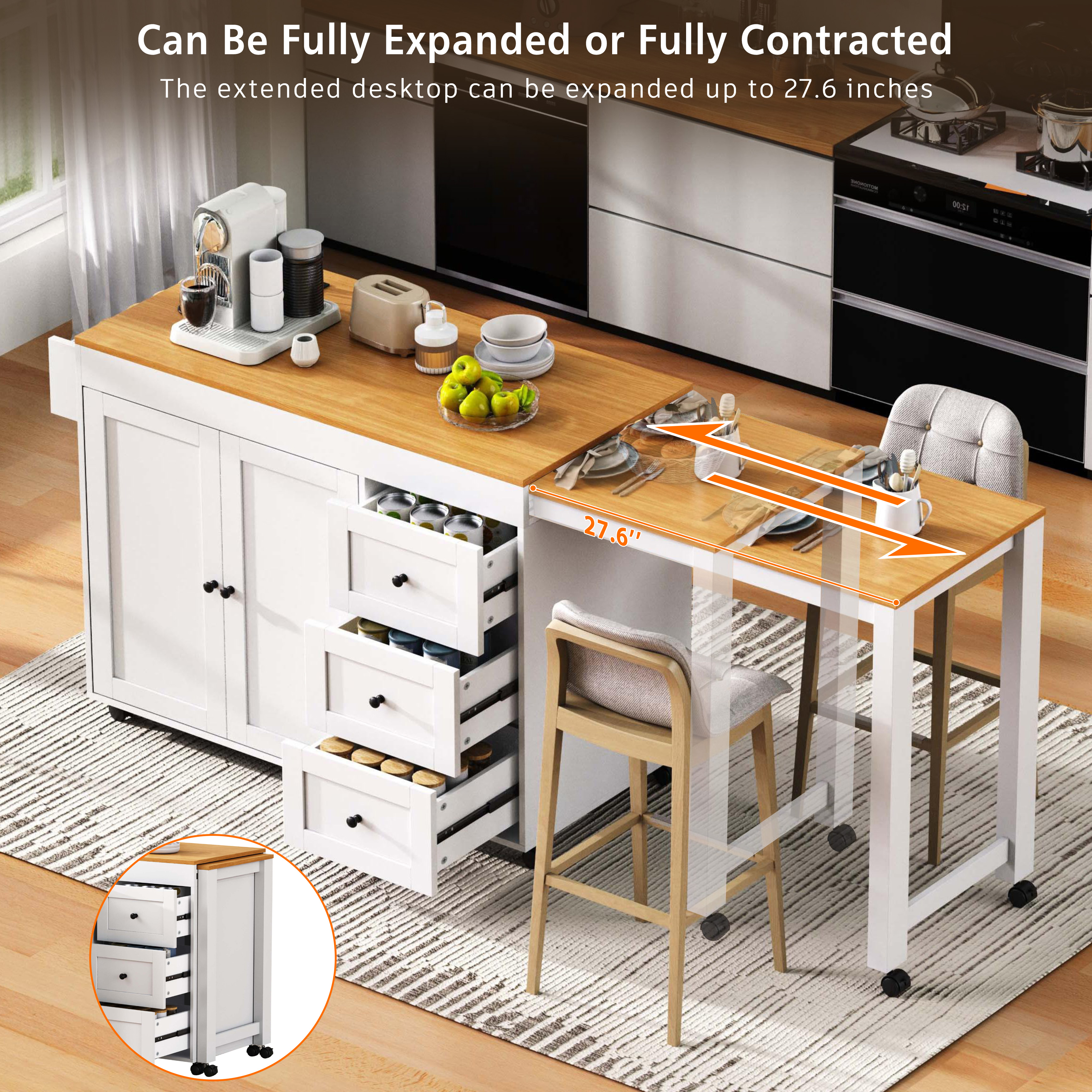 K&K Kitchen Island with Extendable Dining Table, 3 Drawers