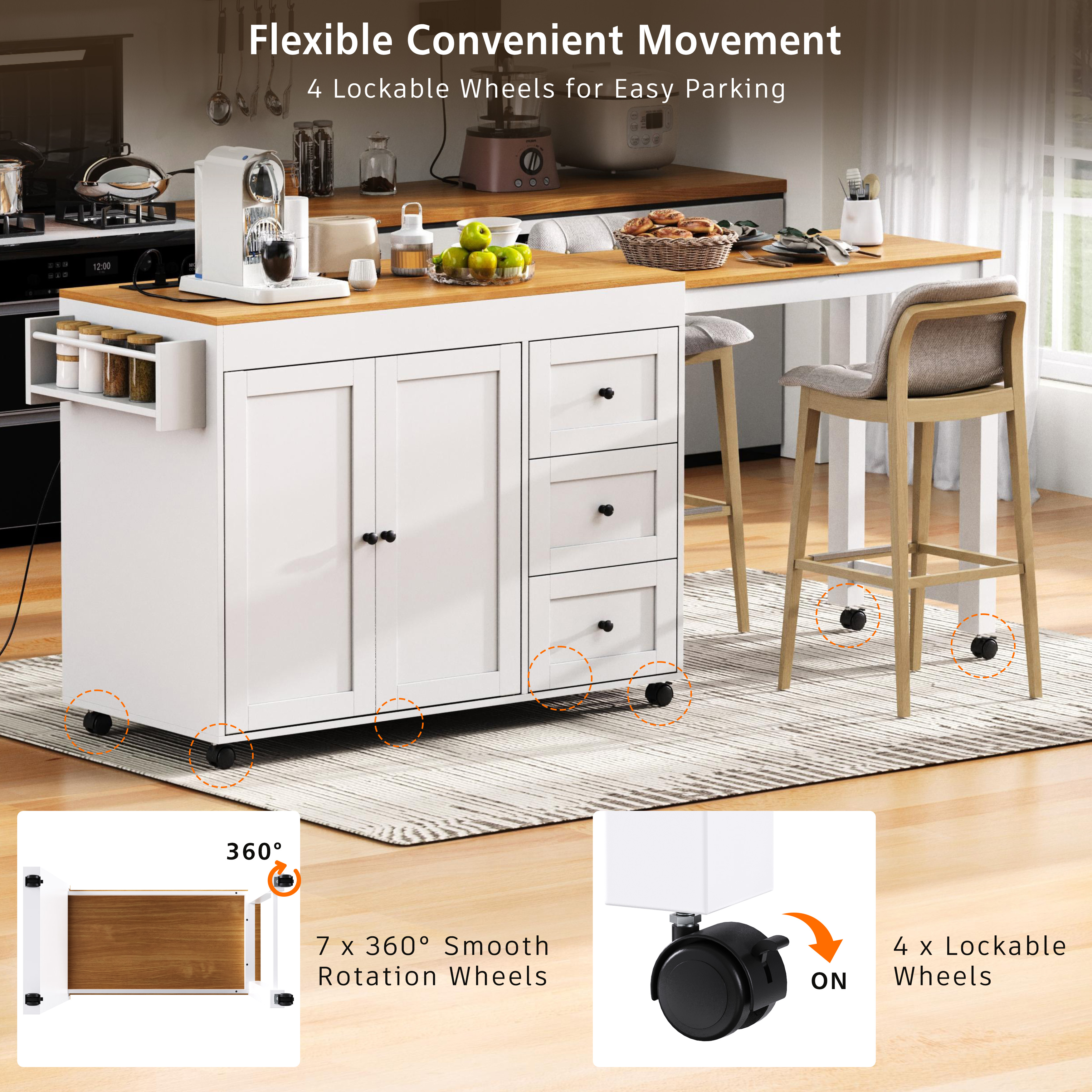 K&K Kitchen Island with Extendable Dining Table, 3 Drawers
