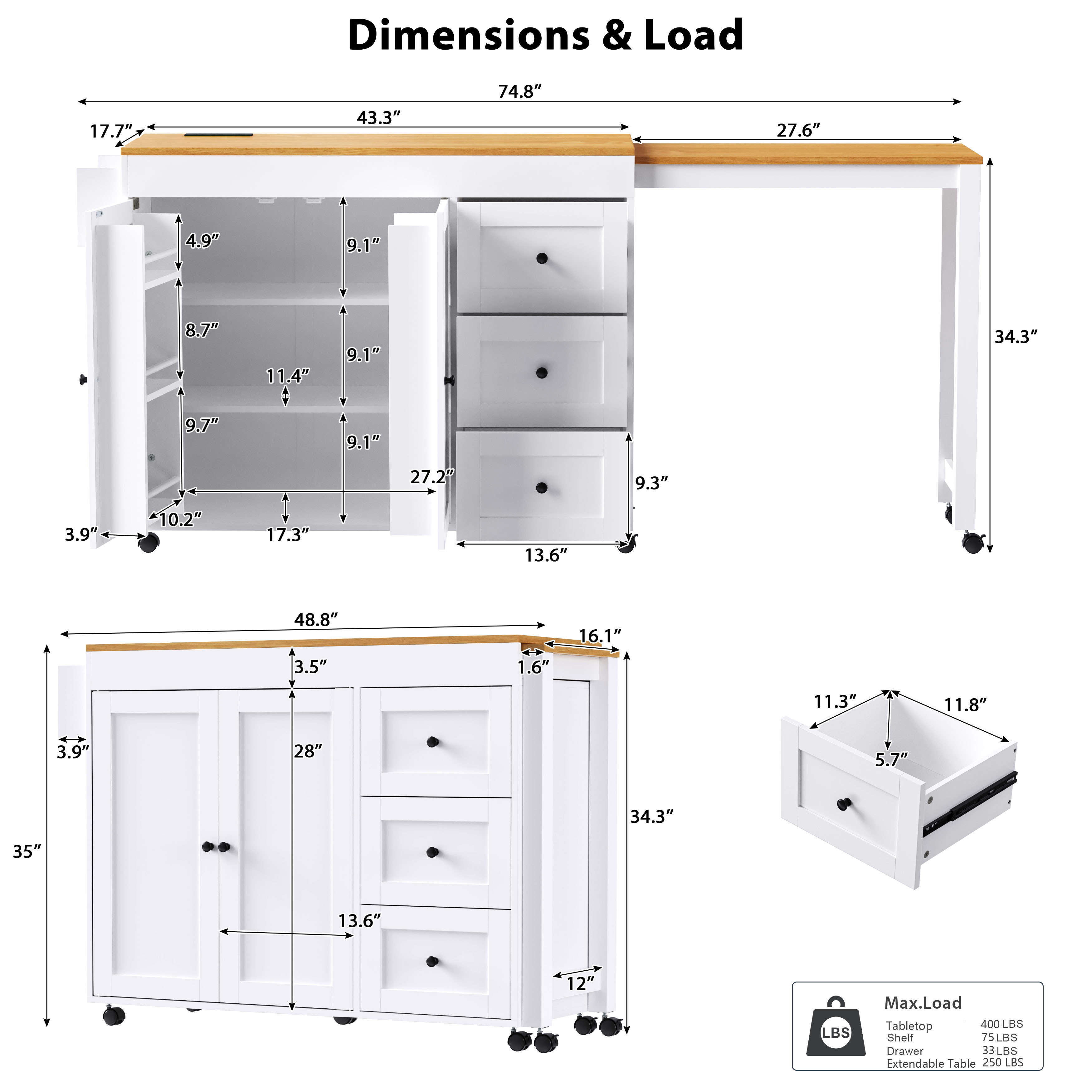 K&K Kitchen Island with Extendable Dining Table, 3 Drawers